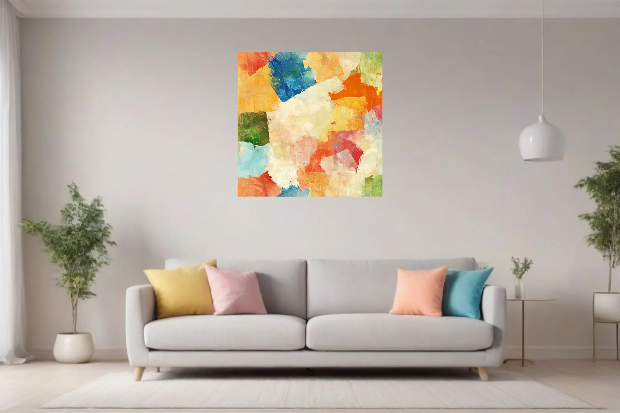 Contemporary abstract patchwork in ochre, cobalt, coral, and green with painterly blocks