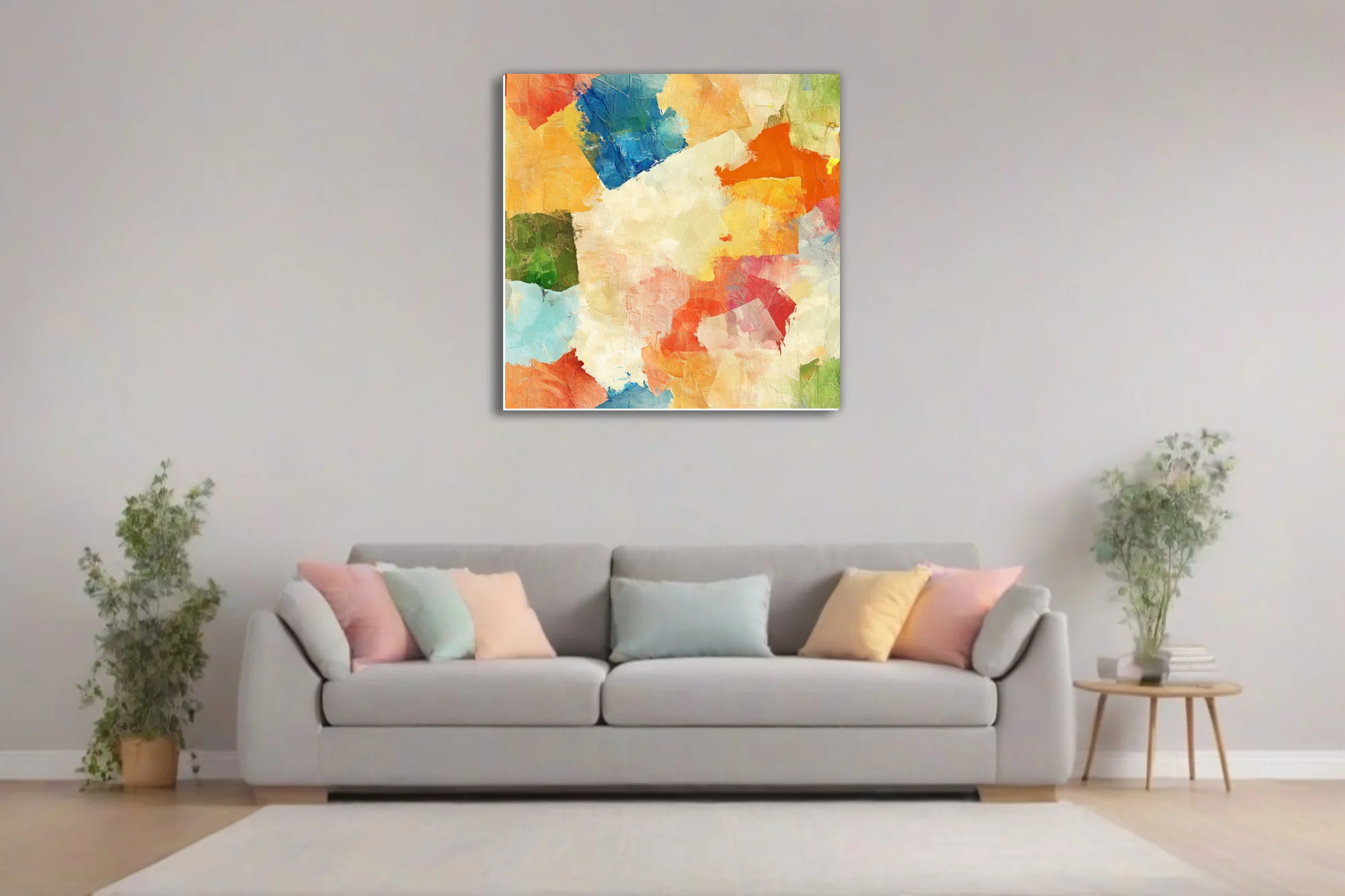 Contemporary abstract patchwork in ochre, cobalt, coral, and green with painterly blocks