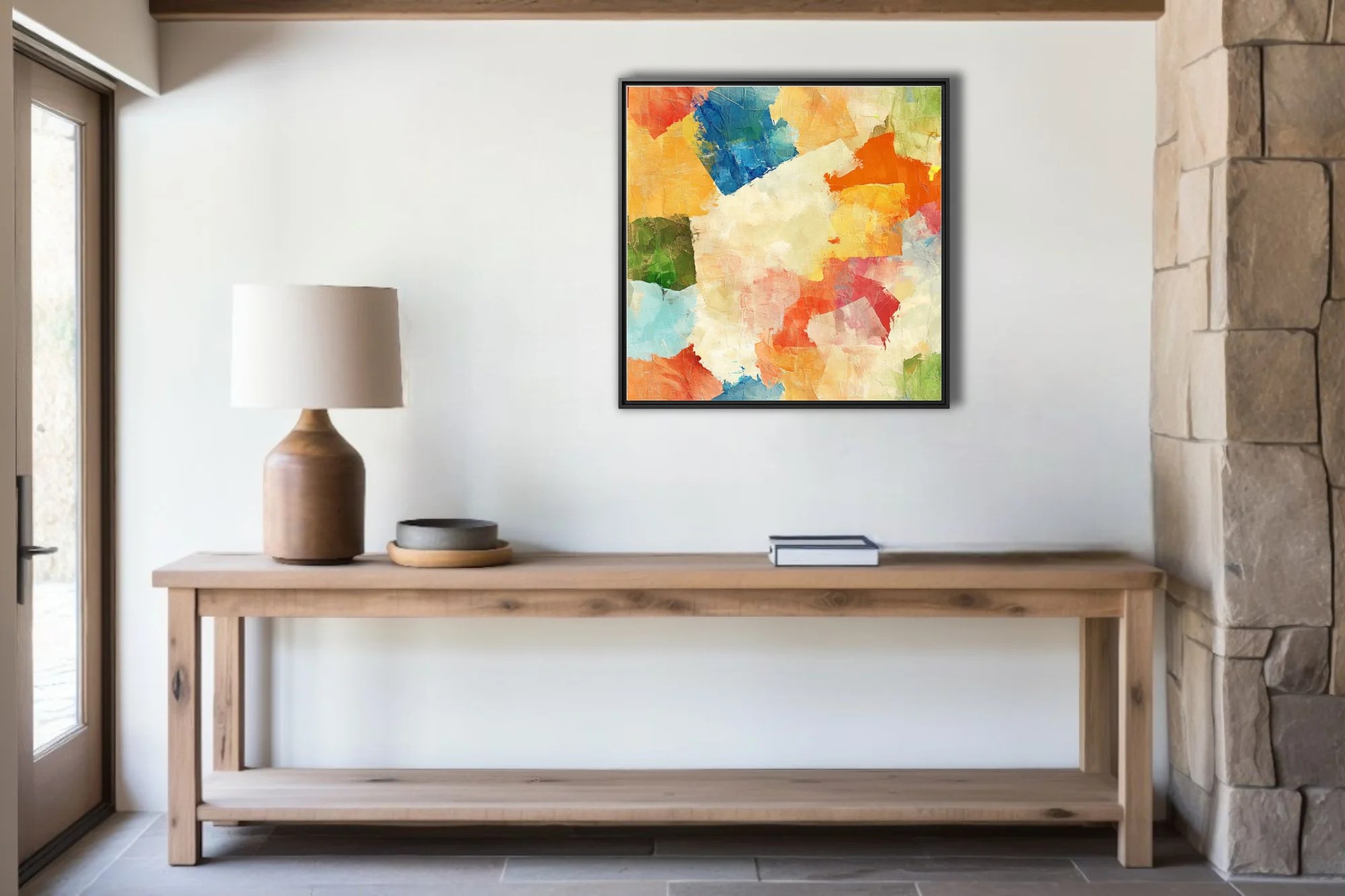 Contemporary abstract patchwork in ochre, cobalt, coral, and green with painterly blocks