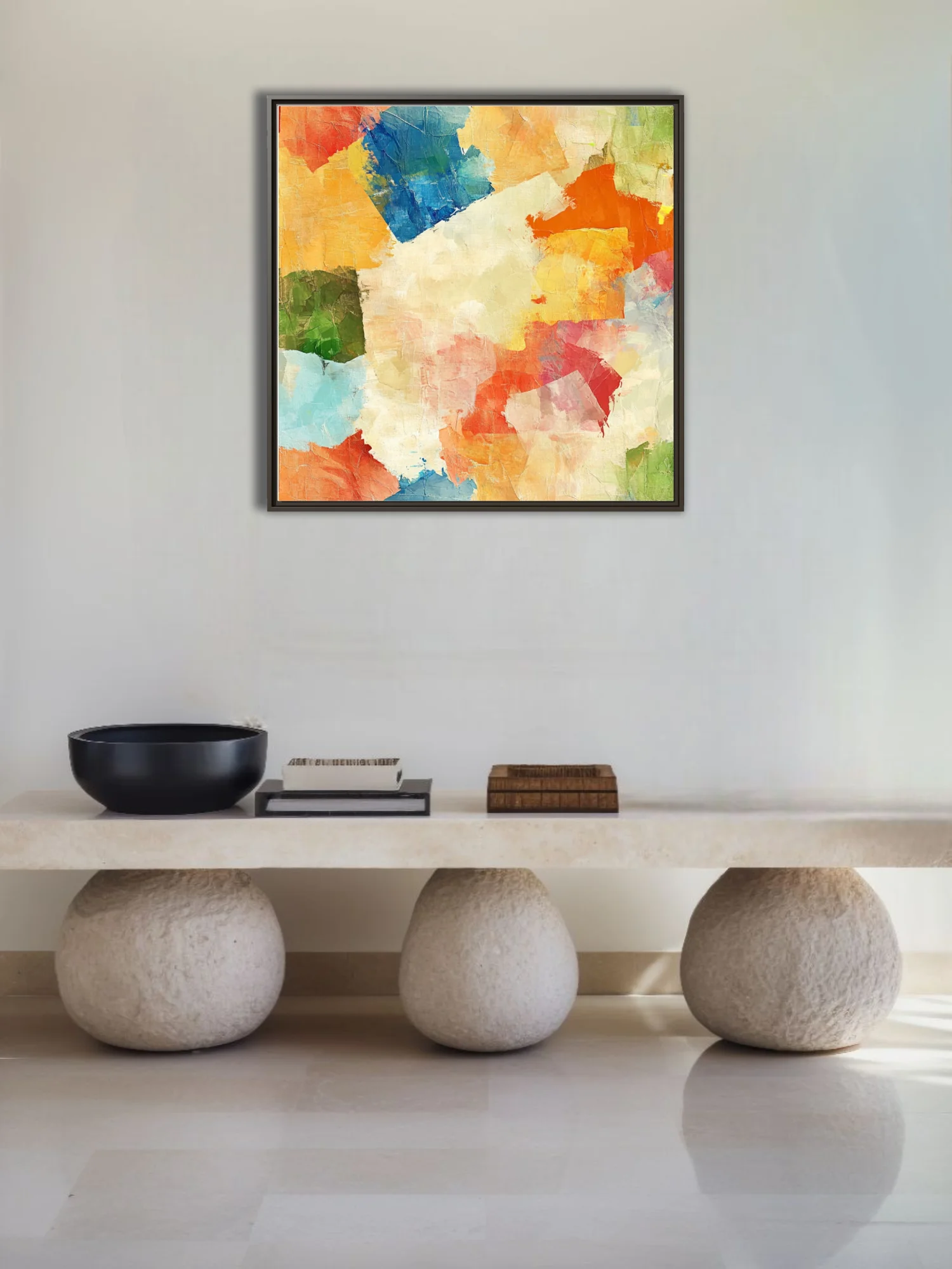 Contemporary abstract patchwork in ochre, cobalt, coral, and green with painterly blocks