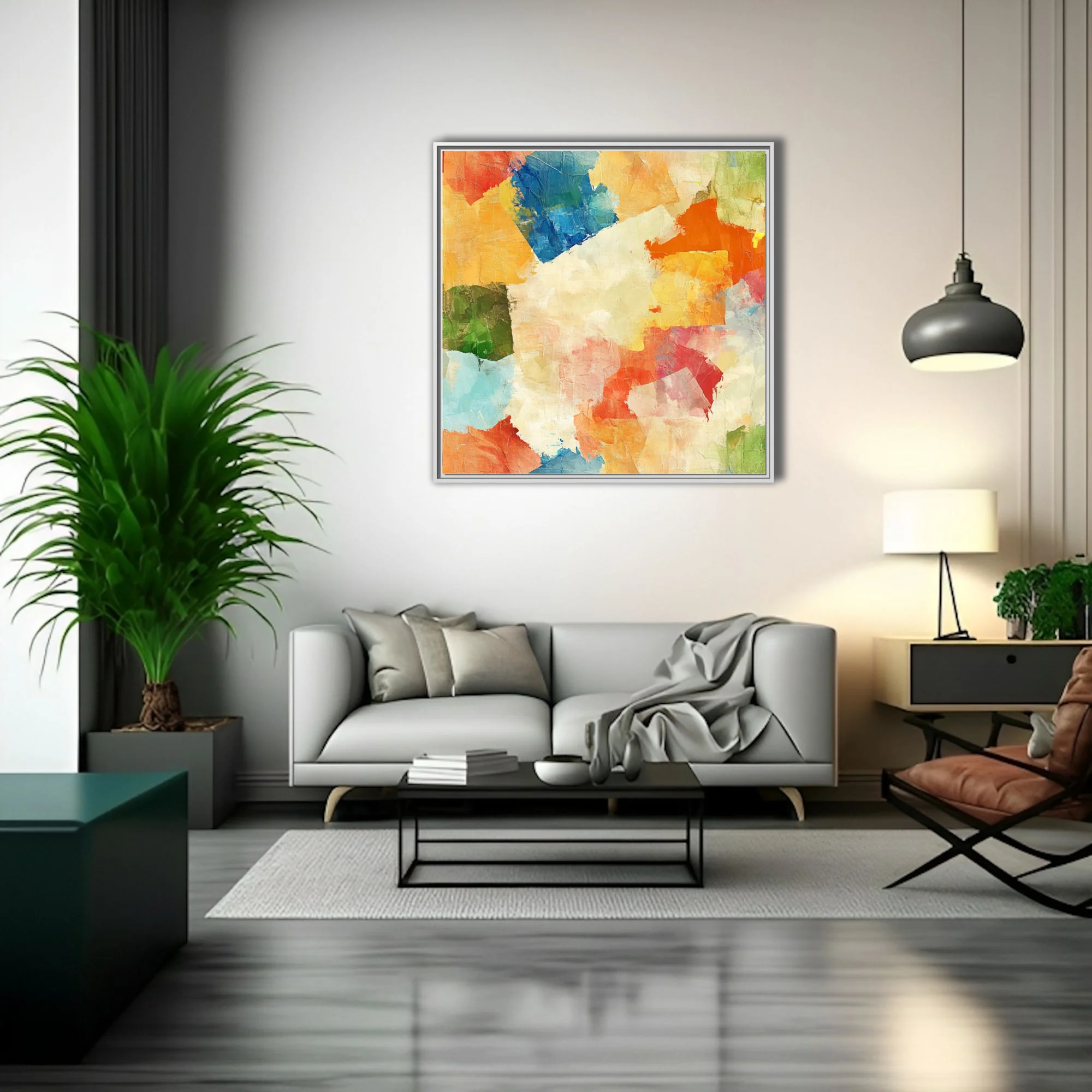 Contemporary abstract patchwork in ochre, cobalt, coral, and green with painterly blocks