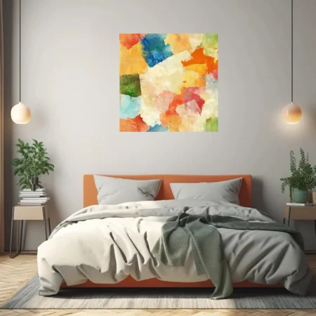 Contemporary abstract patchwork in ochre, cobalt, coral, and green with painterly blocks