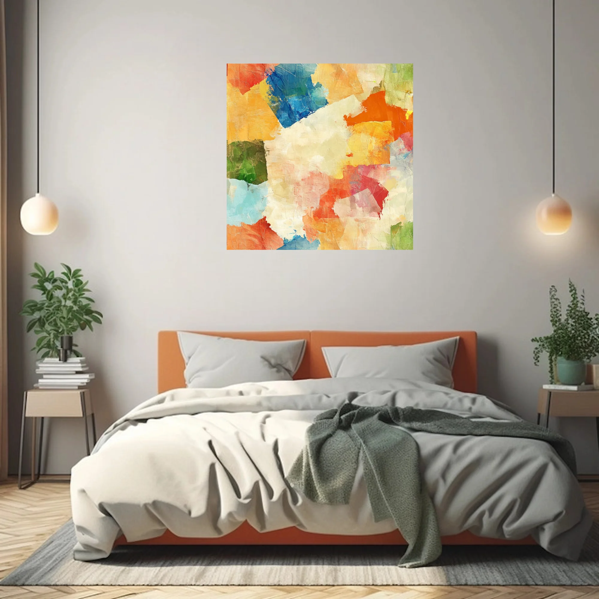 Contemporary abstract patchwork in ochre, cobalt, coral, and green with painterly blocks