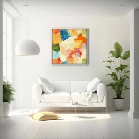 Contemporary abstract patchwork in ochre, cobalt, coral, and green with painterly blocks