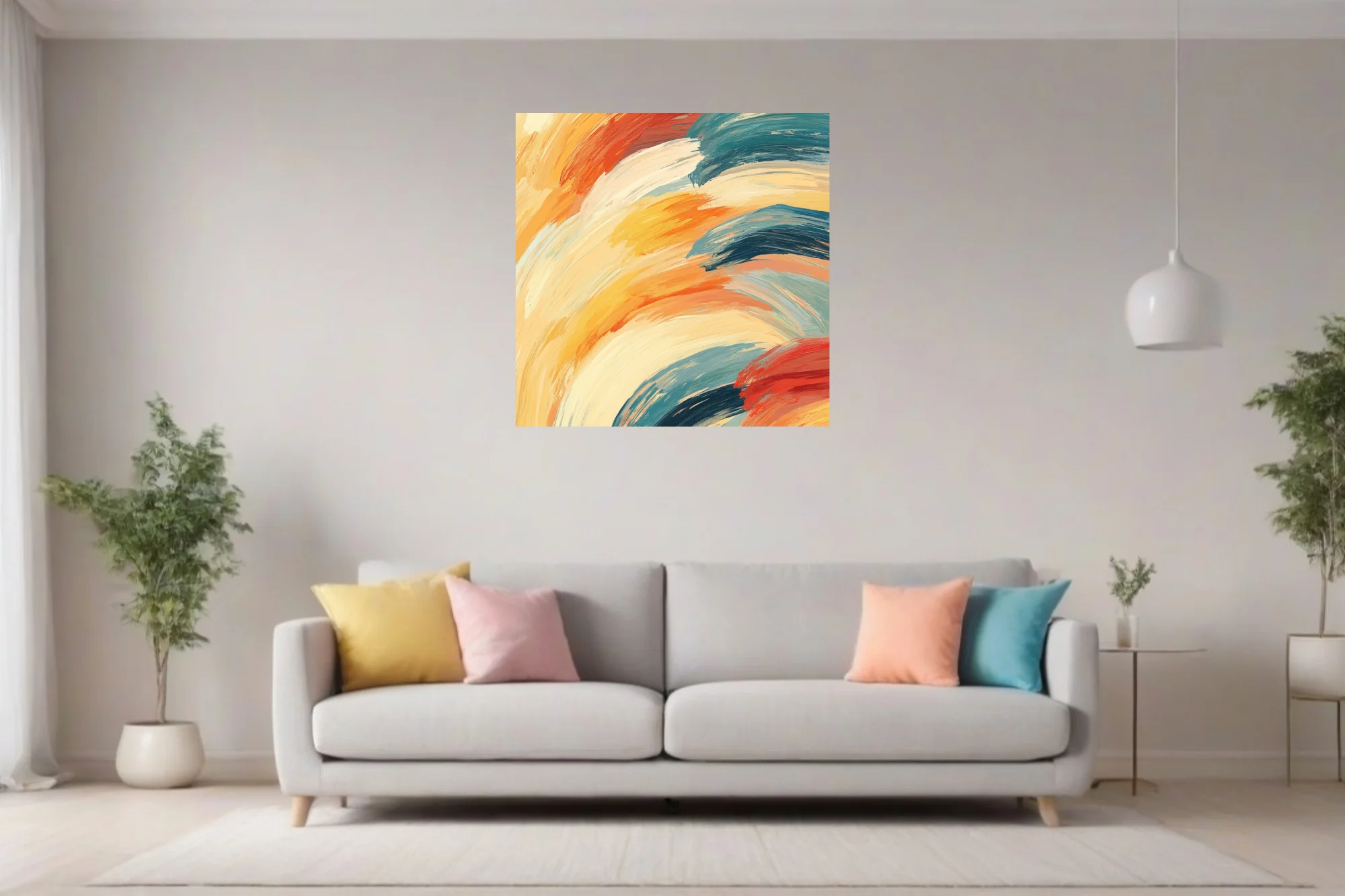 Bold abstract strokes artwork in warm ochre, orange, cream and deep teal, contemporary painterly style