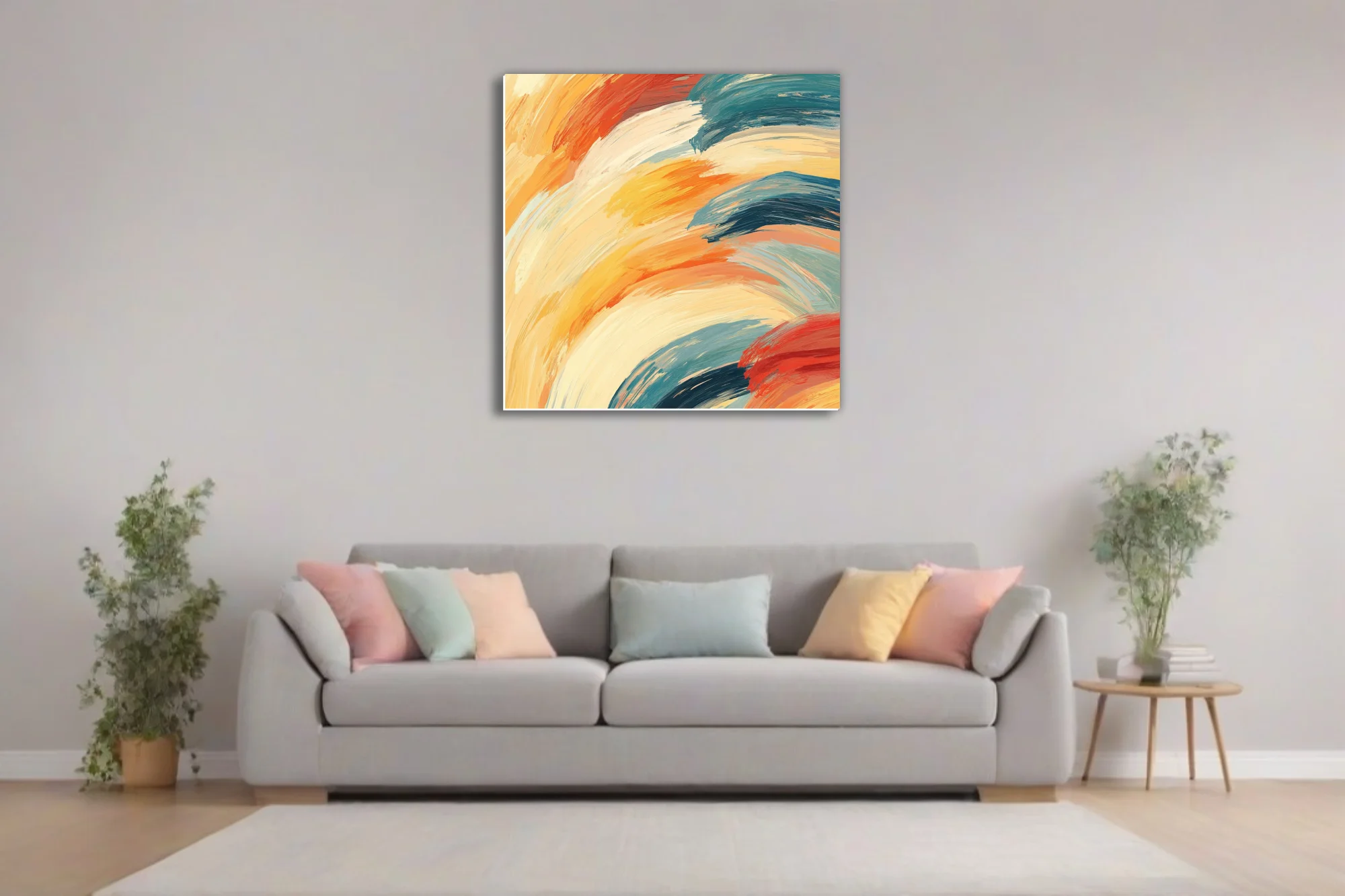 Bold abstract strokes artwork in warm ochre, orange, cream and deep teal, contemporary painterly style