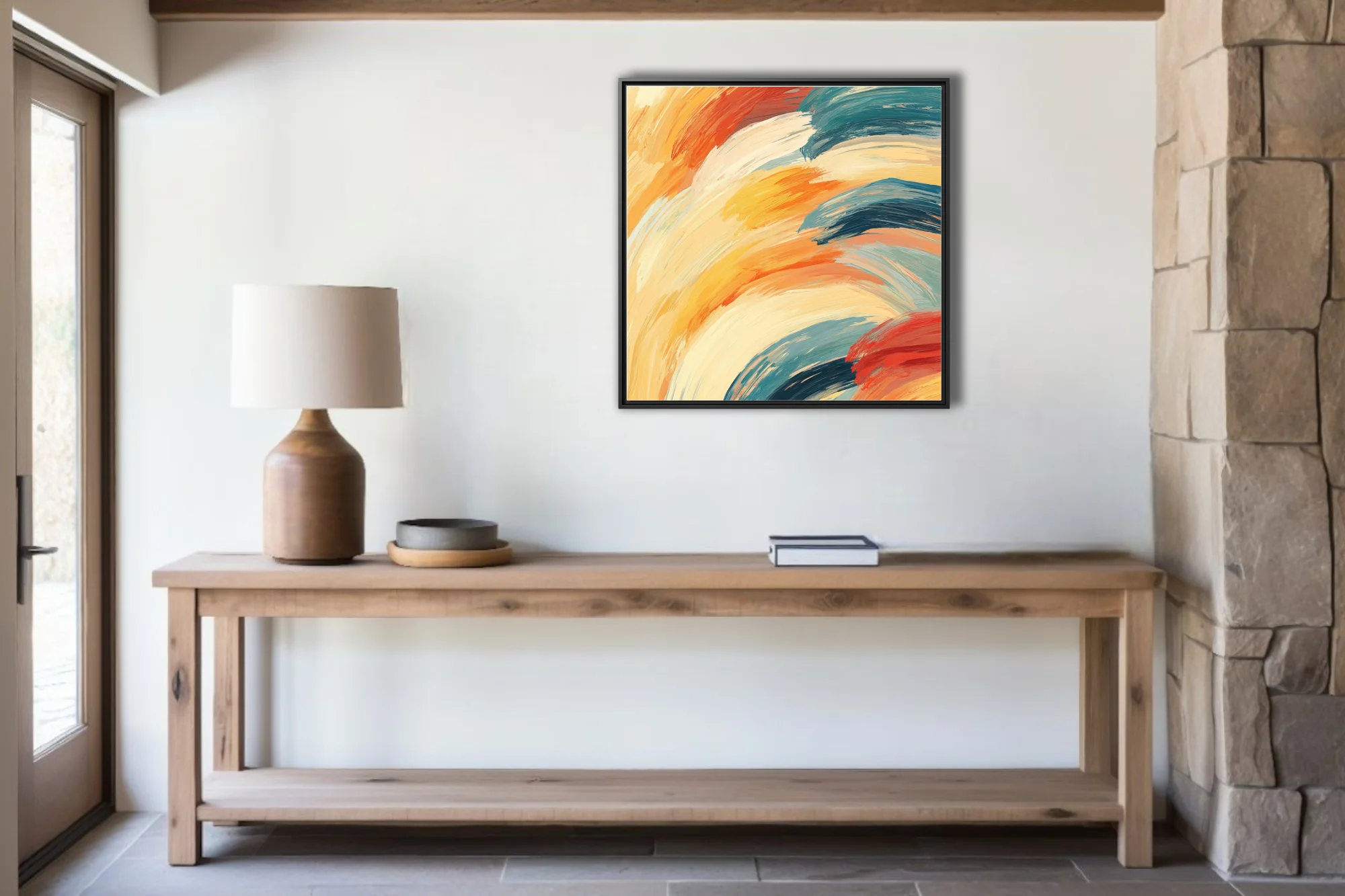 Bold abstract strokes artwork in warm ochre, orange, cream and deep teal, contemporary painterly style