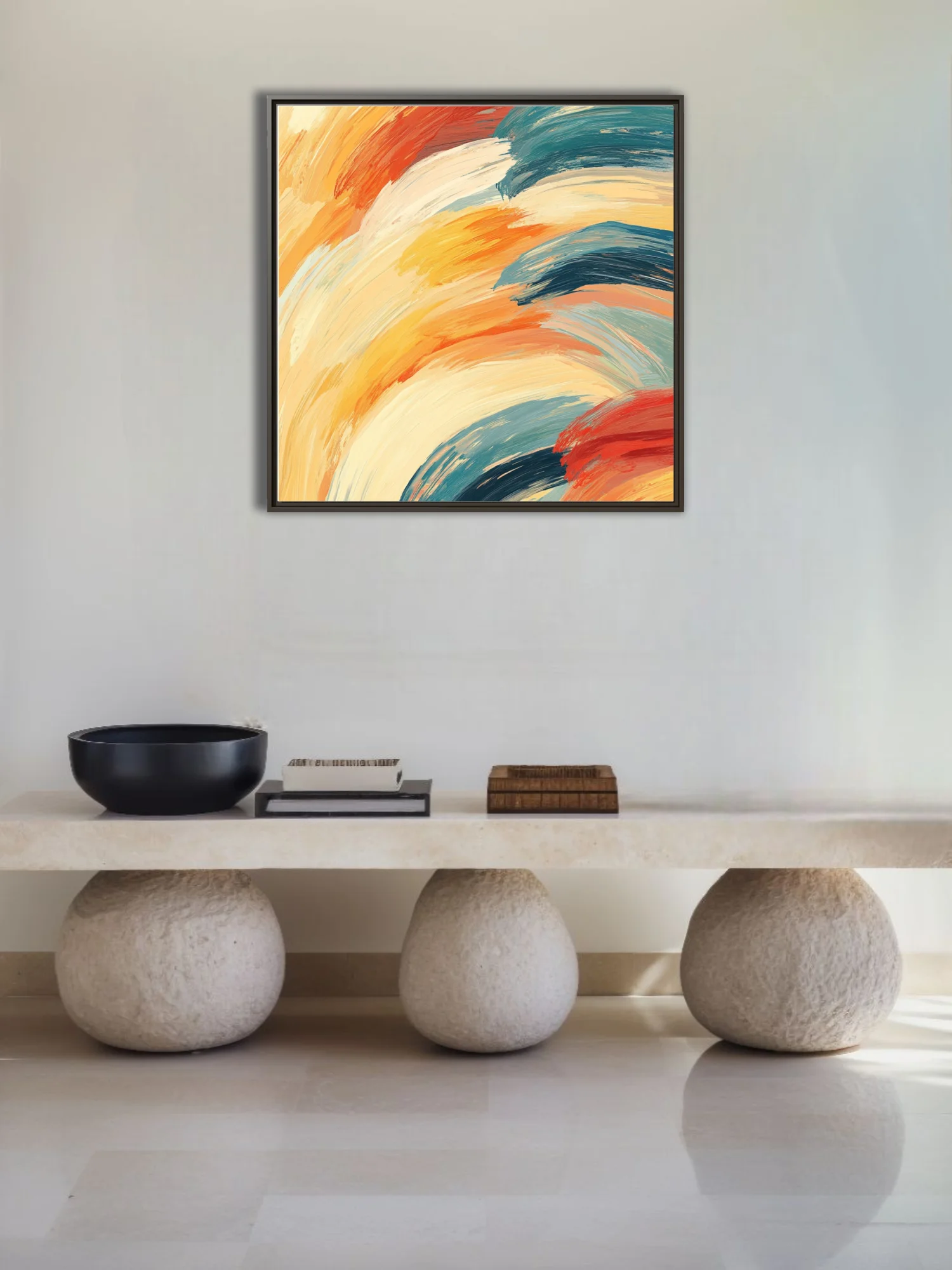 Bold abstract strokes artwork in warm ochre, orange, cream and deep teal, contemporary painterly style