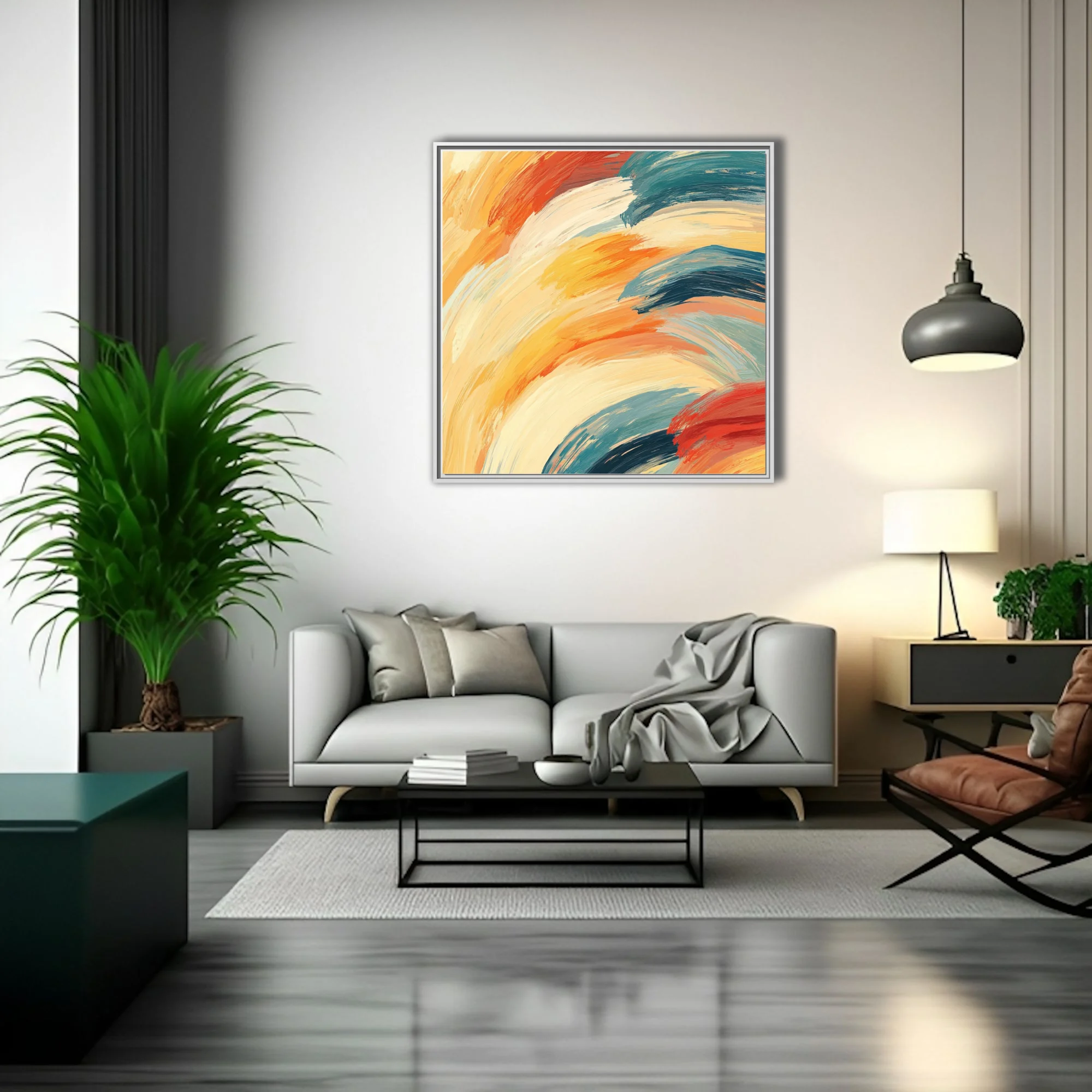Bold abstract strokes artwork in warm ochre, orange, cream and deep teal, contemporary painterly style