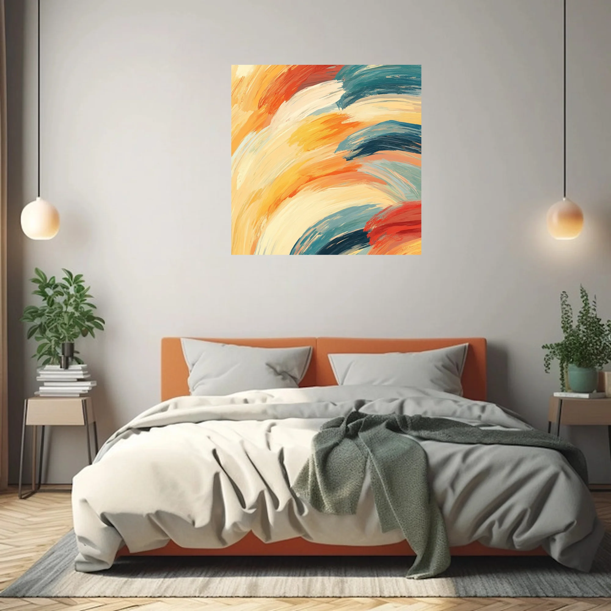 Bold abstract strokes artwork in warm ochre, orange, cream and deep teal, contemporary painterly style