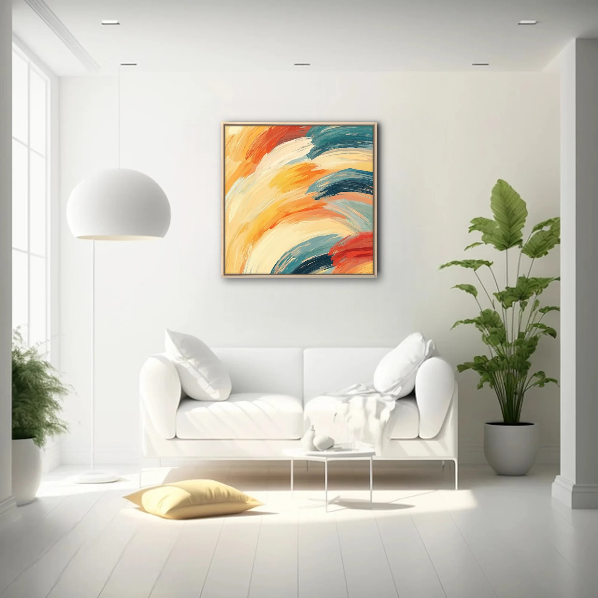 Bold abstract strokes artwork in warm ochre, orange, cream and deep teal, contemporary painterly style