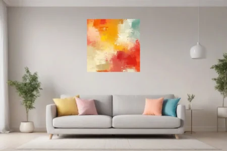 Expressive abstract artwork in sunset orange, red, yellow and teal