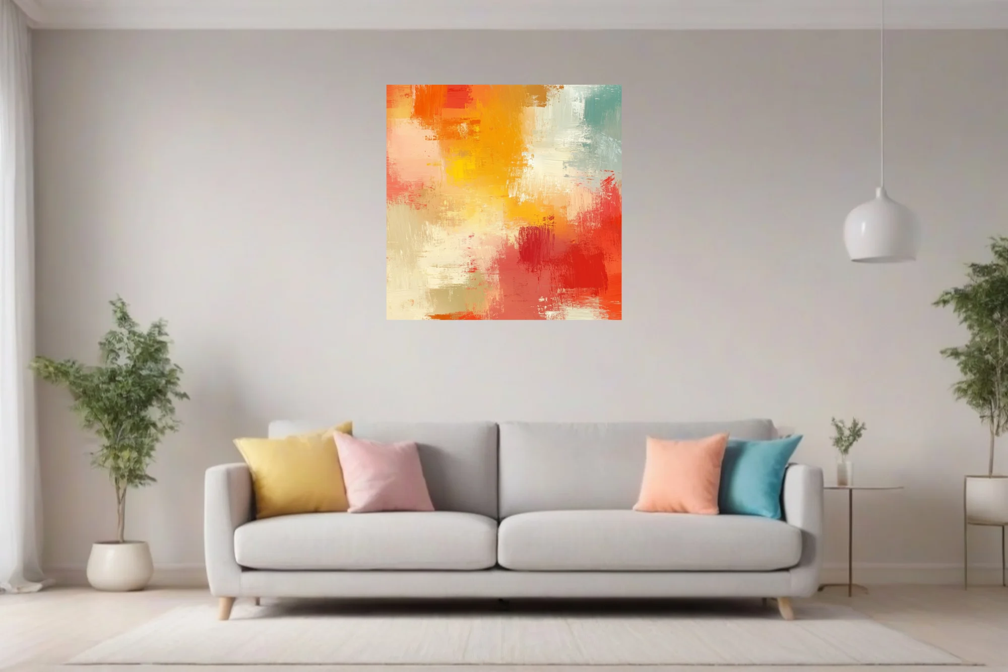 Expressive abstract artwork in sunset orange, red, yellow and teal