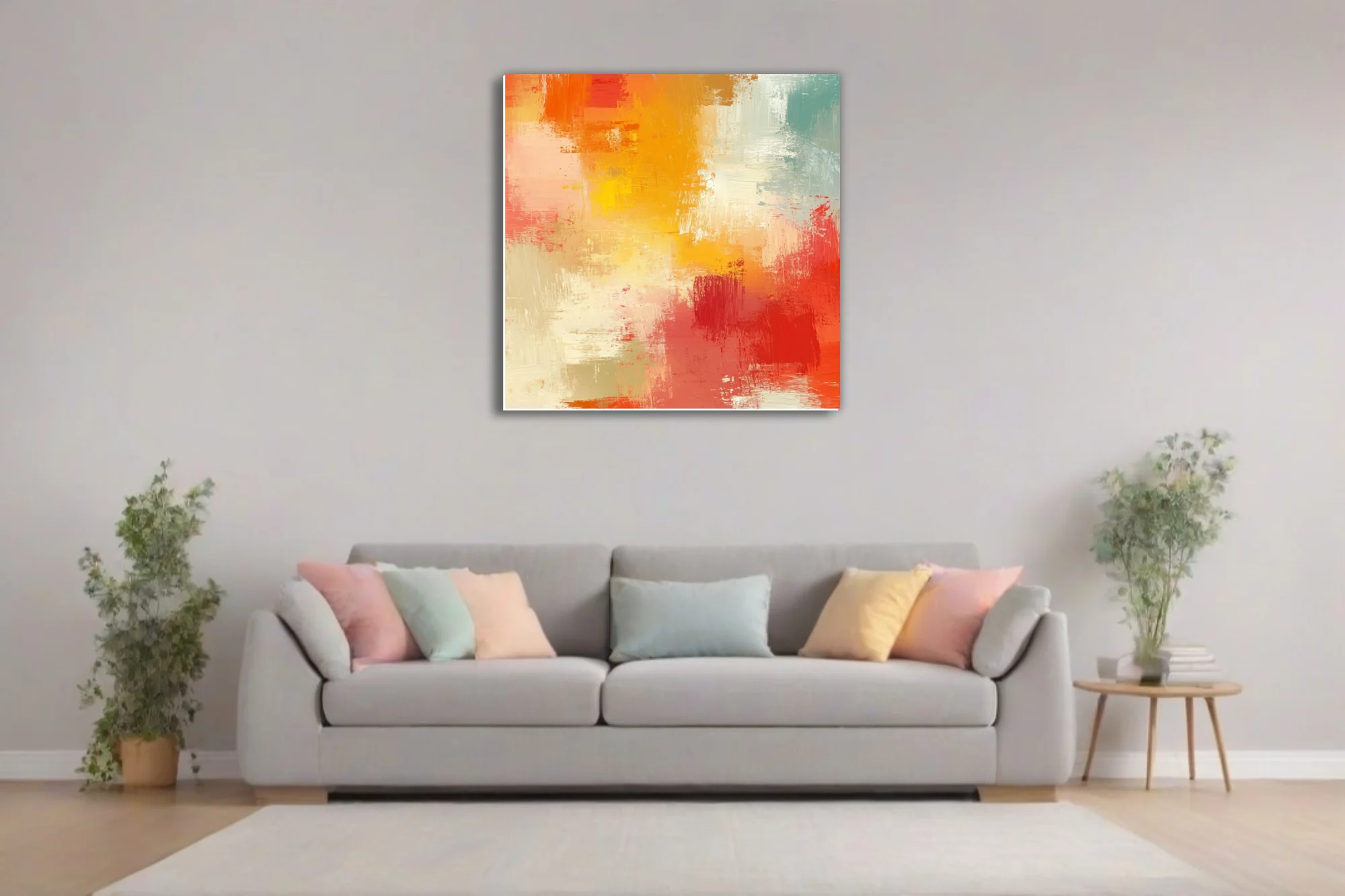 Expressive abstract artwork in sunset orange, red, yellow and teal