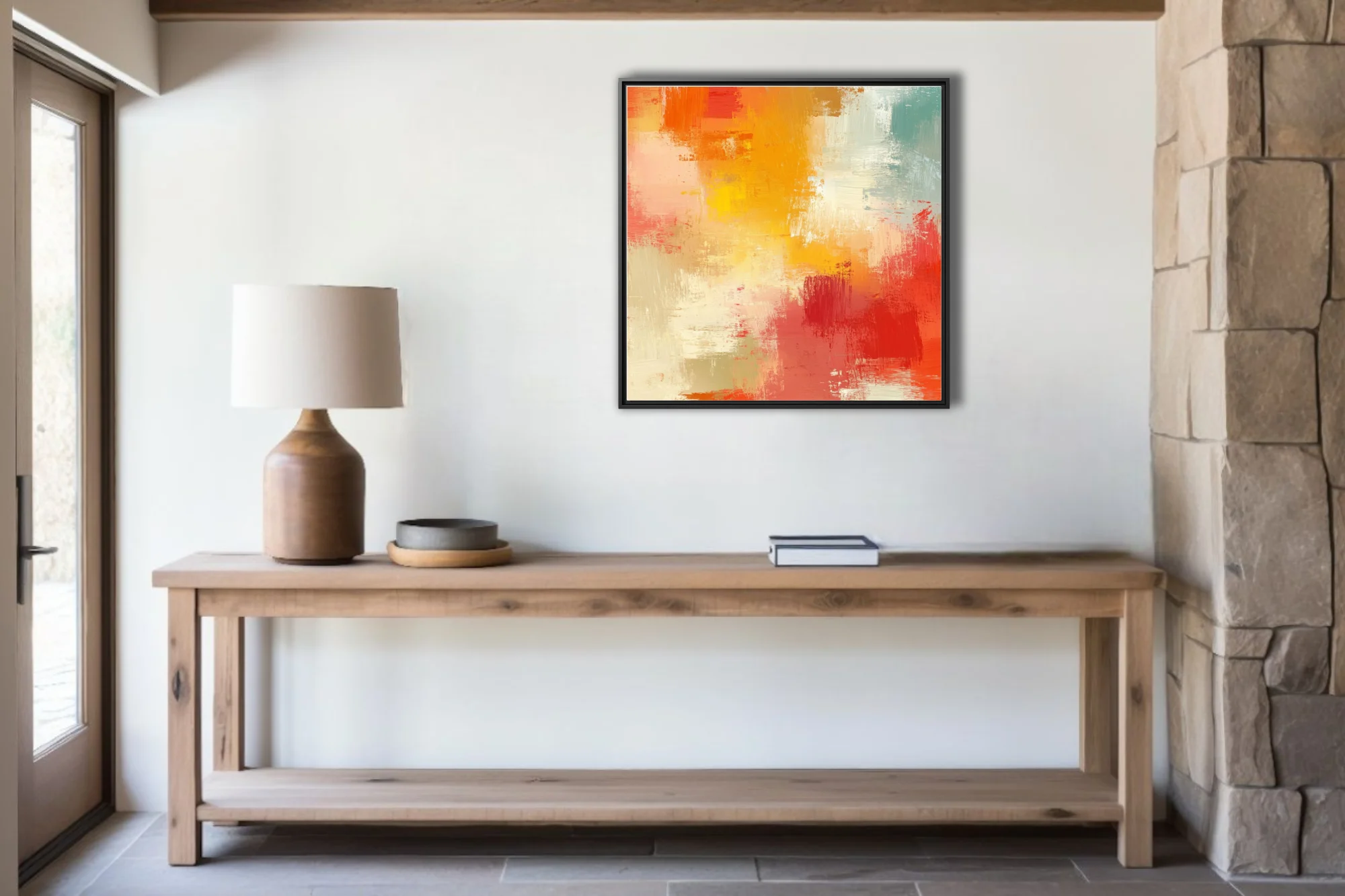 Expressive abstract artwork in sunset orange, red, yellow and teal