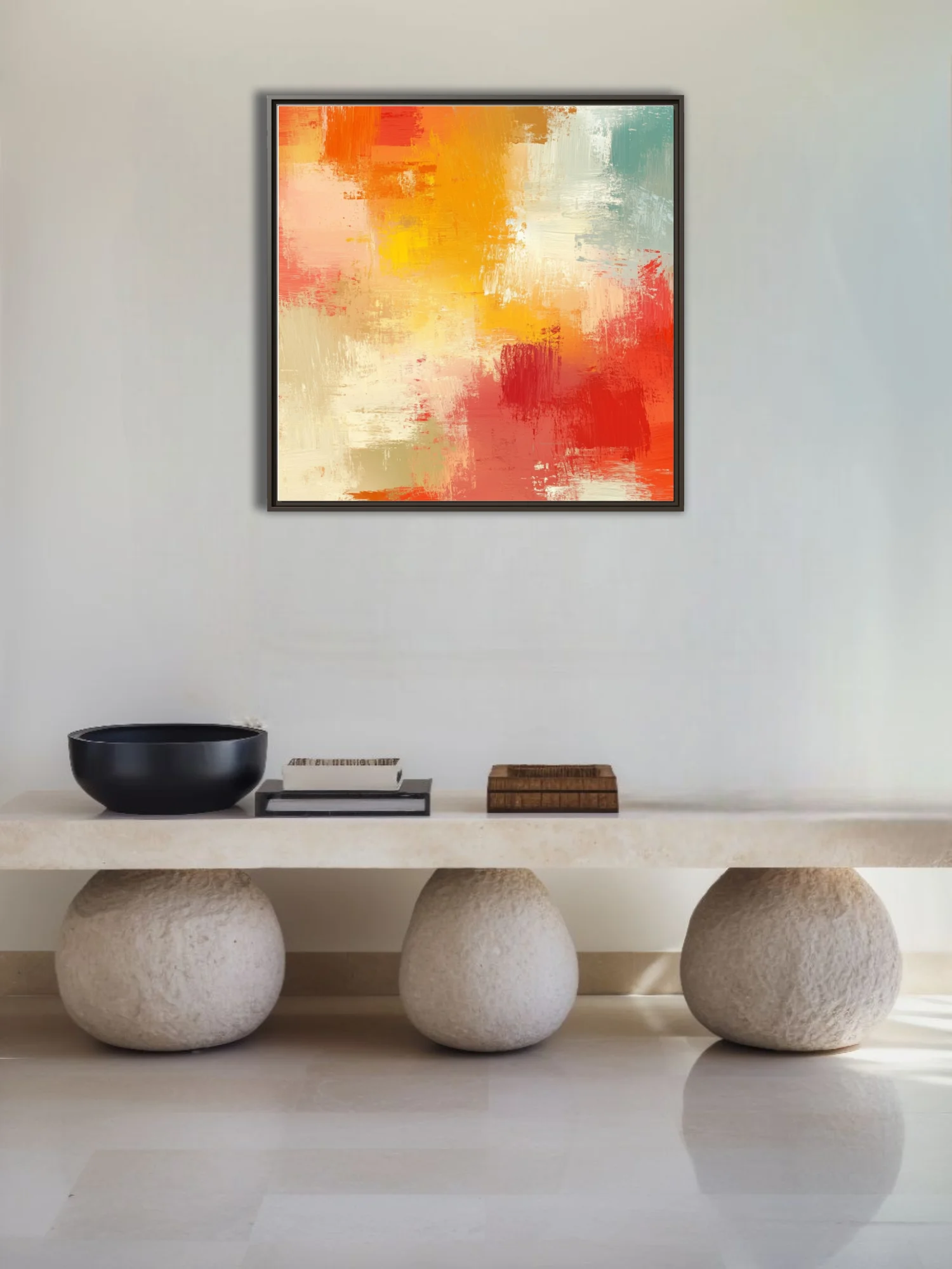 Expressive abstract artwork in sunset orange, red, yellow and teal