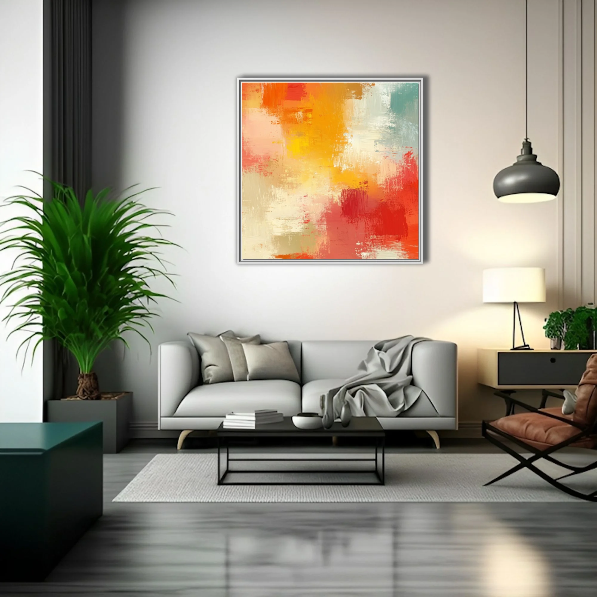Expressive abstract artwork in sunset orange, red, yellow and teal
