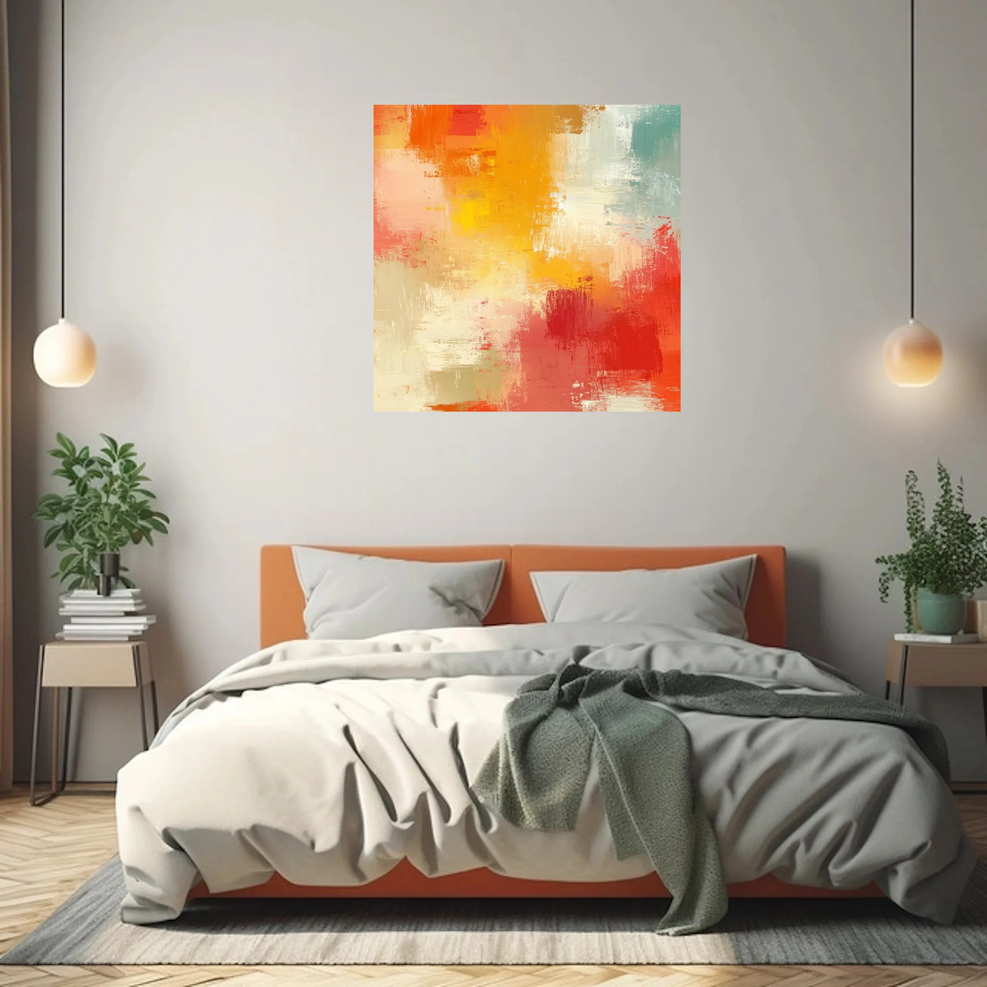 Expressive abstract artwork in sunset orange, red, yellow and teal