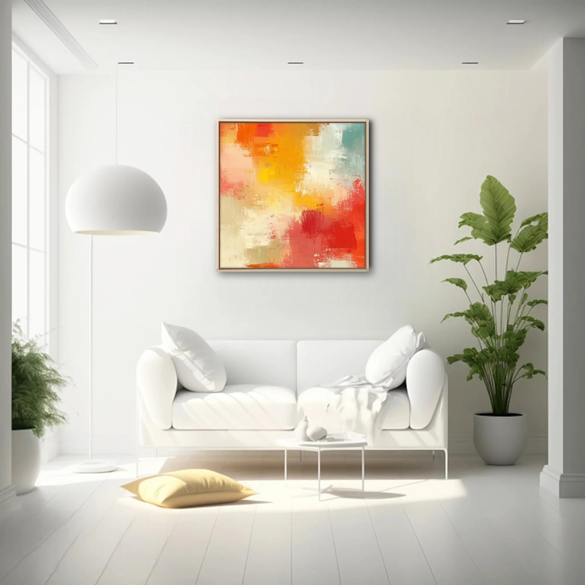Expressive abstract artwork in sunset orange, red, yellow and teal