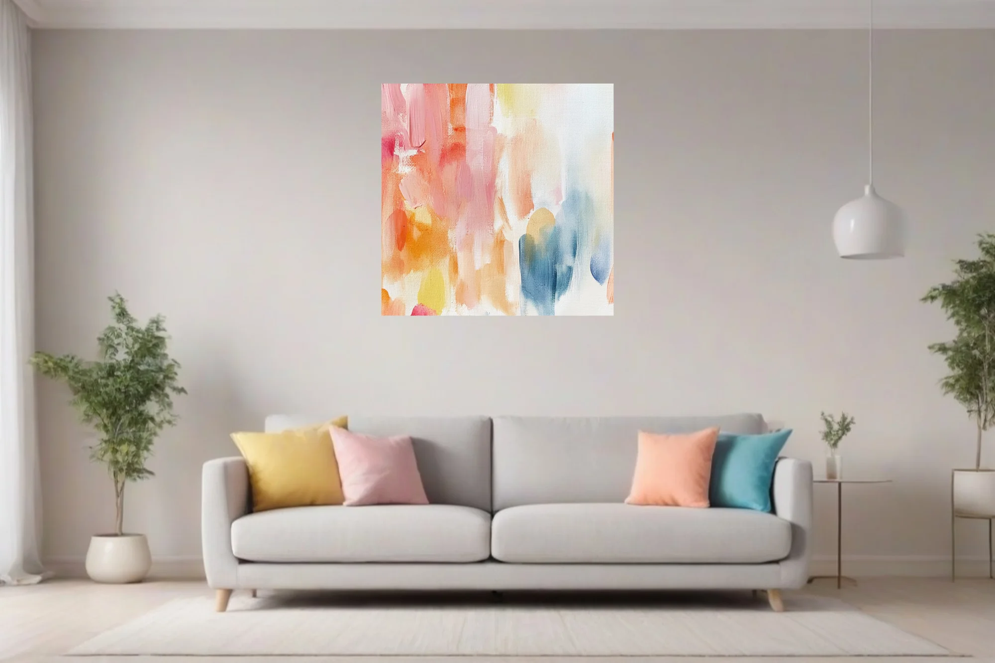 Pastel abstract strokes art in blush, apricot, yellow, and soft blue on canvas texture