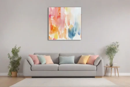 Pastel abstract strokes art in blush, apricot, yellow, and soft blue on canvas texture