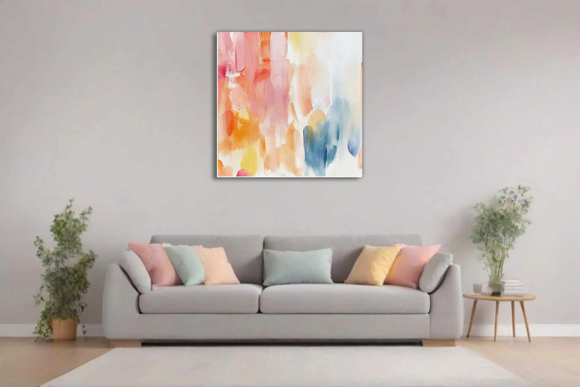 Pastel abstract strokes art in blush, apricot, yellow, and soft blue on canvas texture