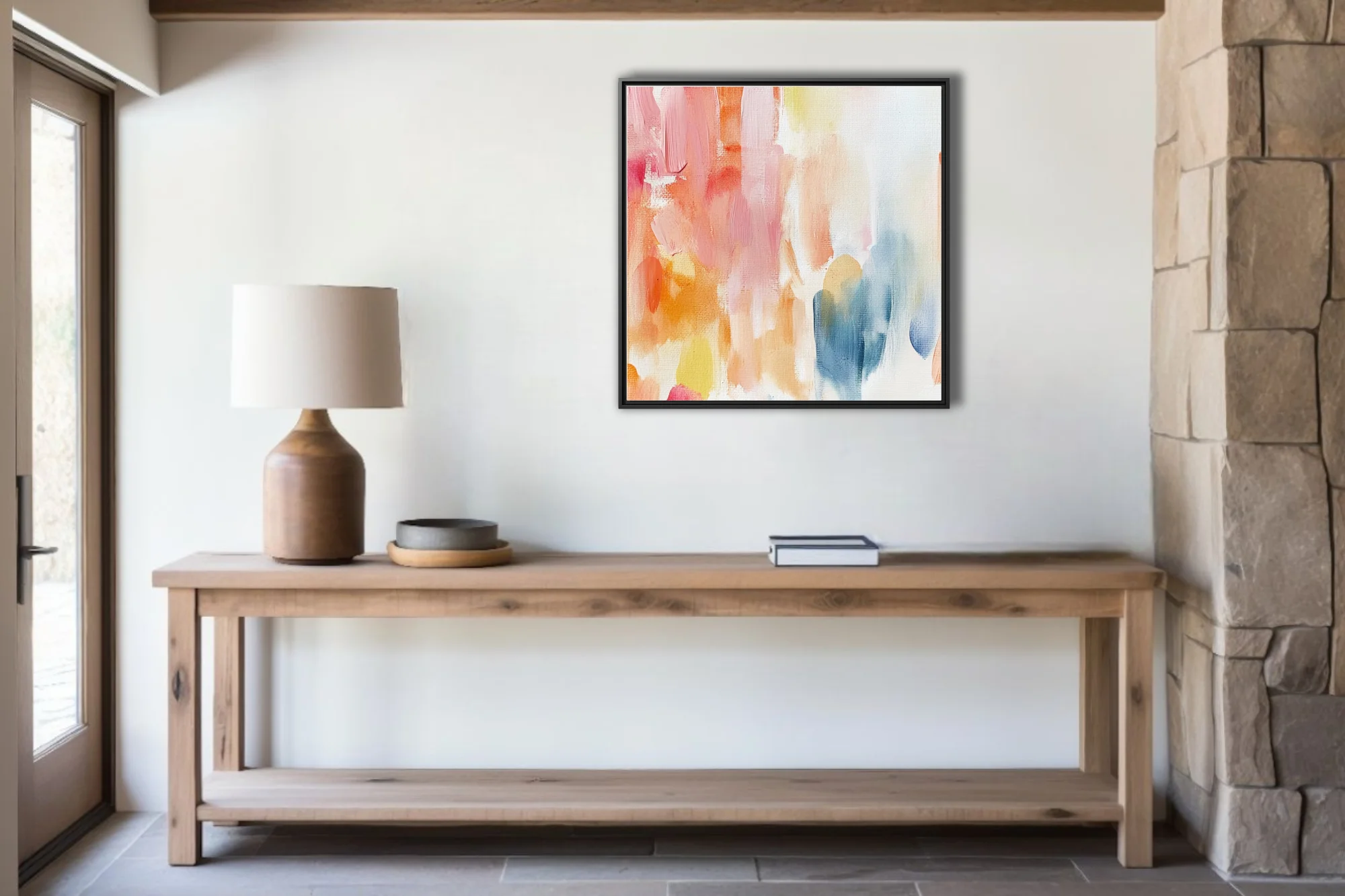 Pastel abstract strokes art in blush, apricot, yellow, and soft blue on canvas texture