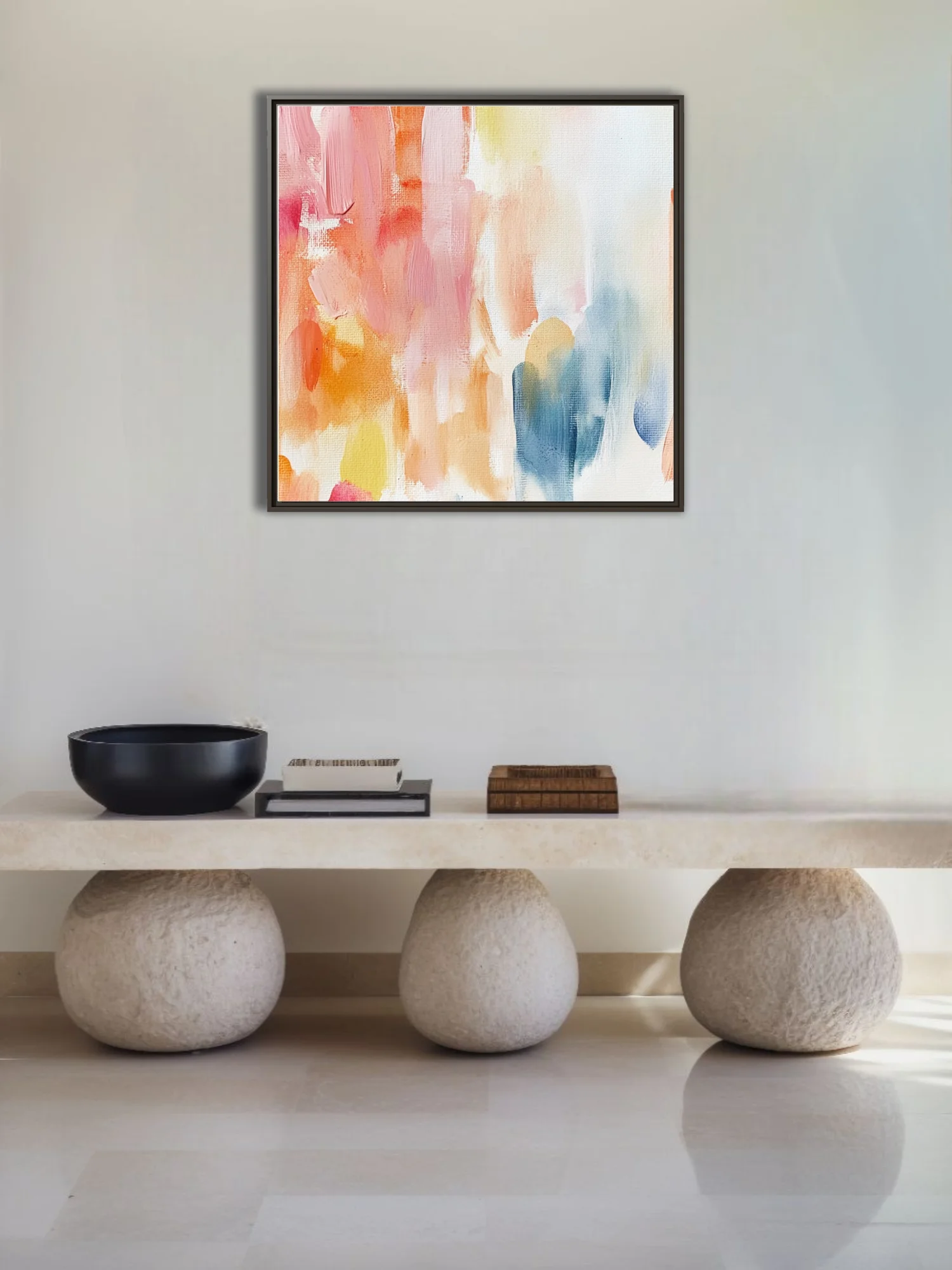 Pastel abstract strokes art in blush, apricot, yellow, and soft blue on canvas texture