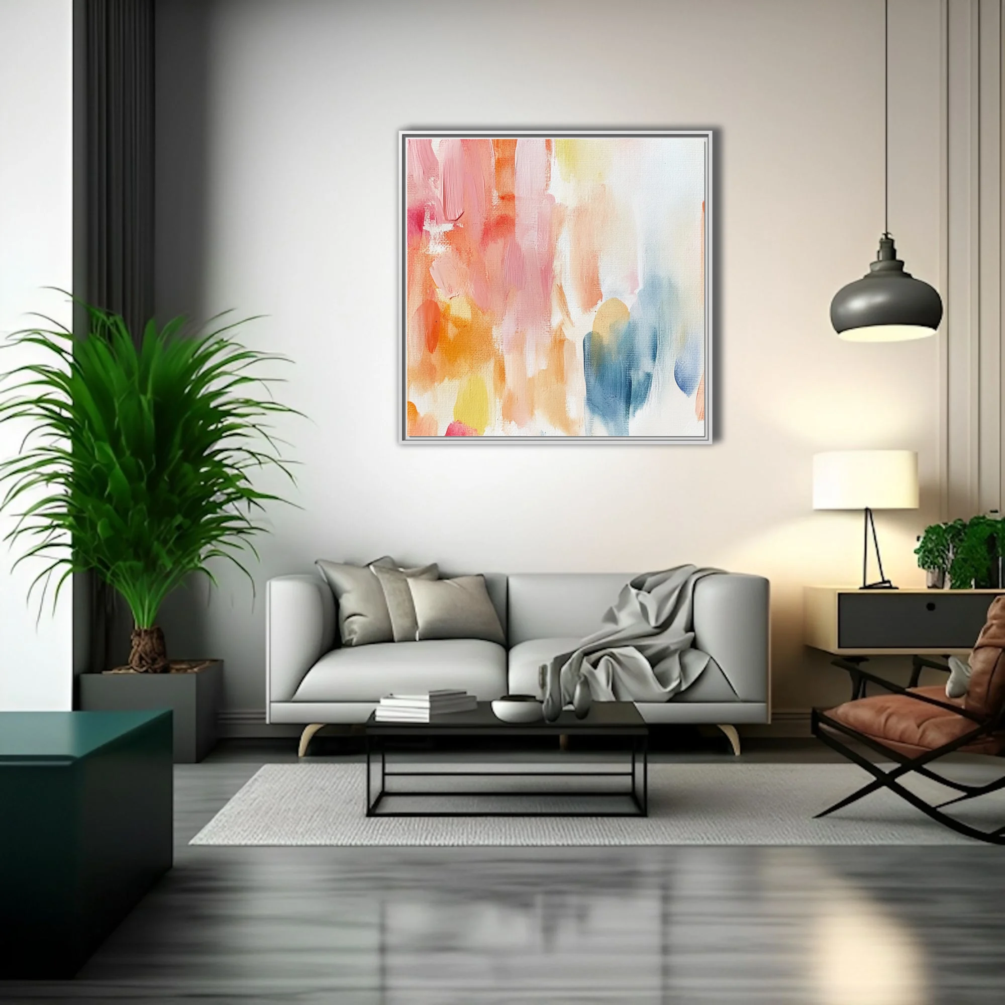 Pastel abstract strokes art in blush, apricot, yellow, and soft blue on canvas texture