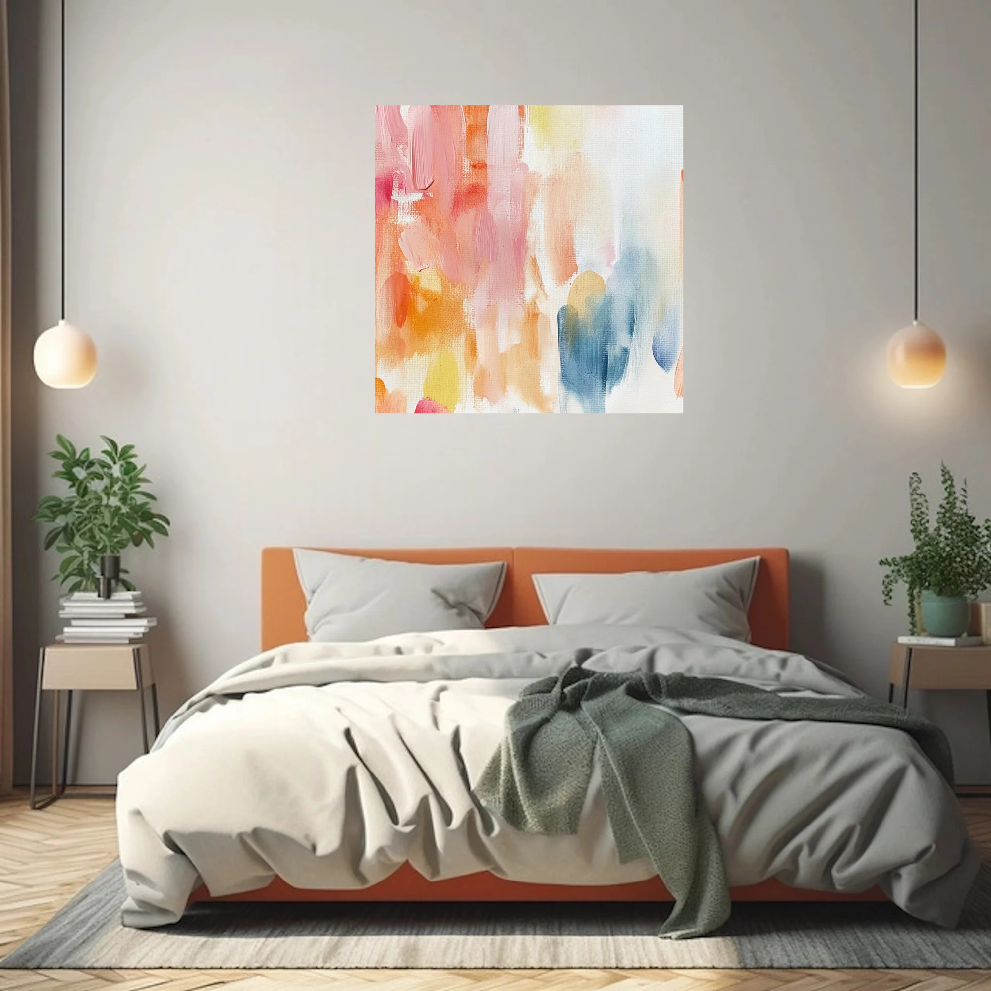 Pastel abstract strokes art in blush, apricot, yellow, and soft blue on canvas texture