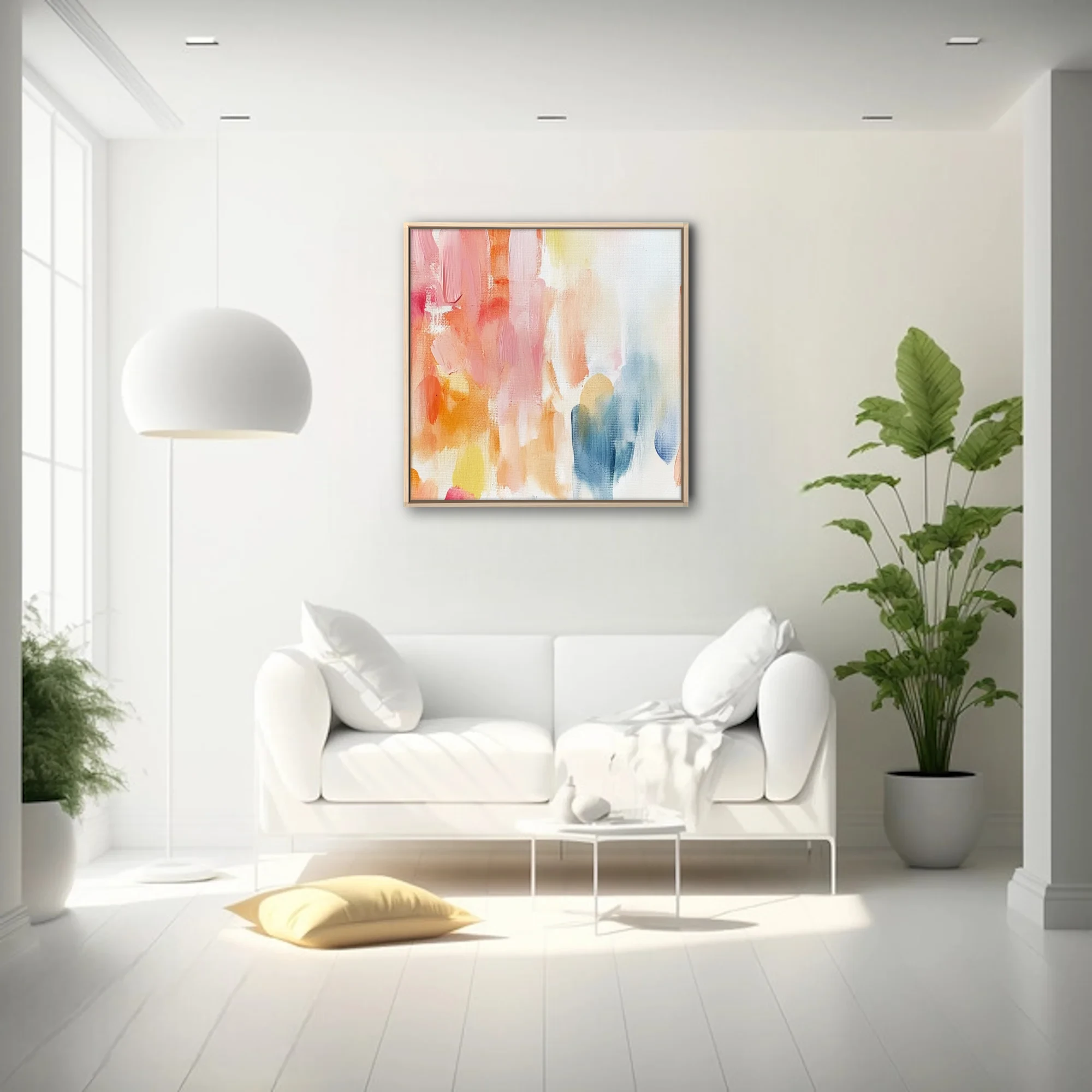 Pastel abstract strokes art in blush, apricot, yellow, and soft blue on canvas texture