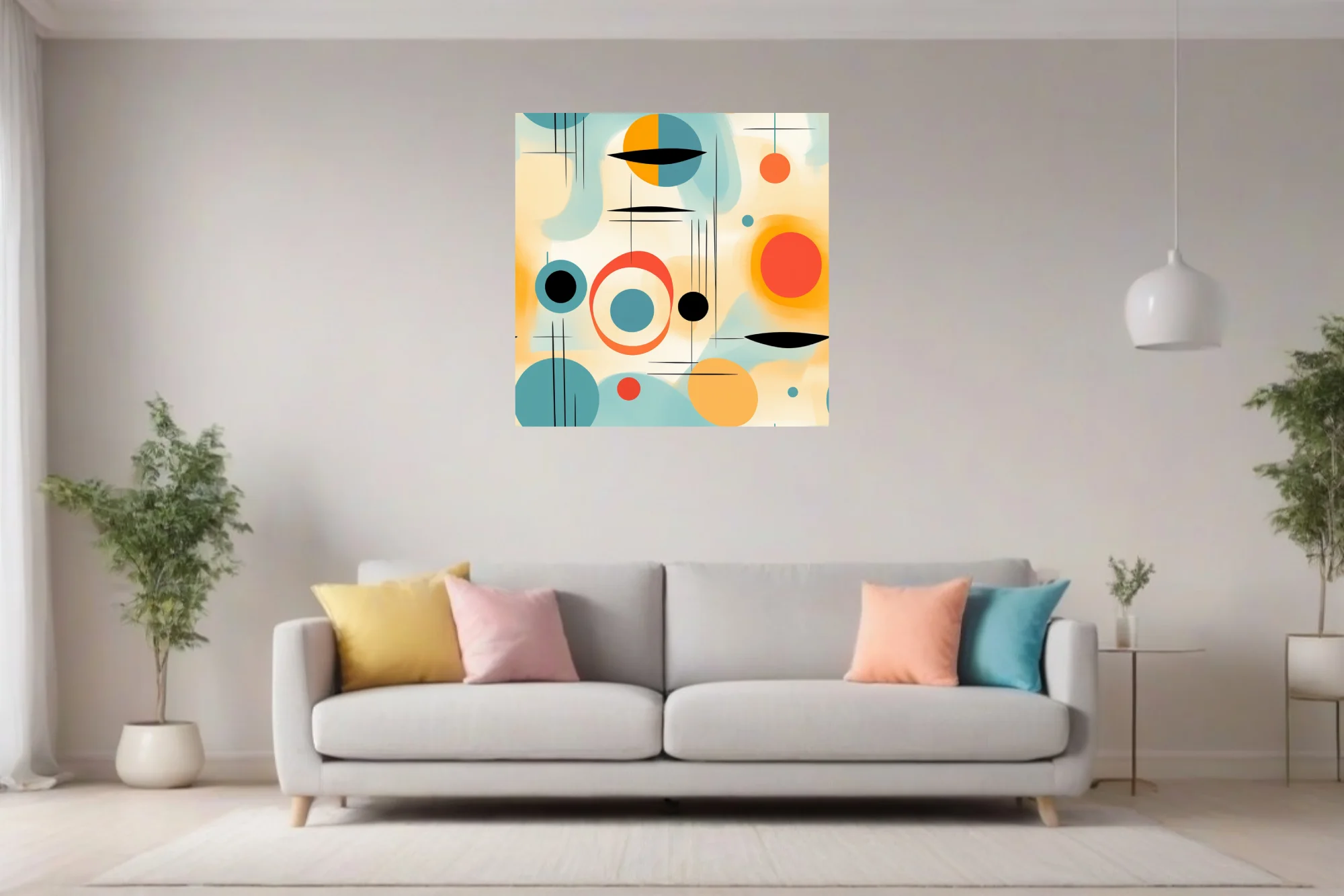 Mid-century modern abstract geometric art in teal, coral, amber and black