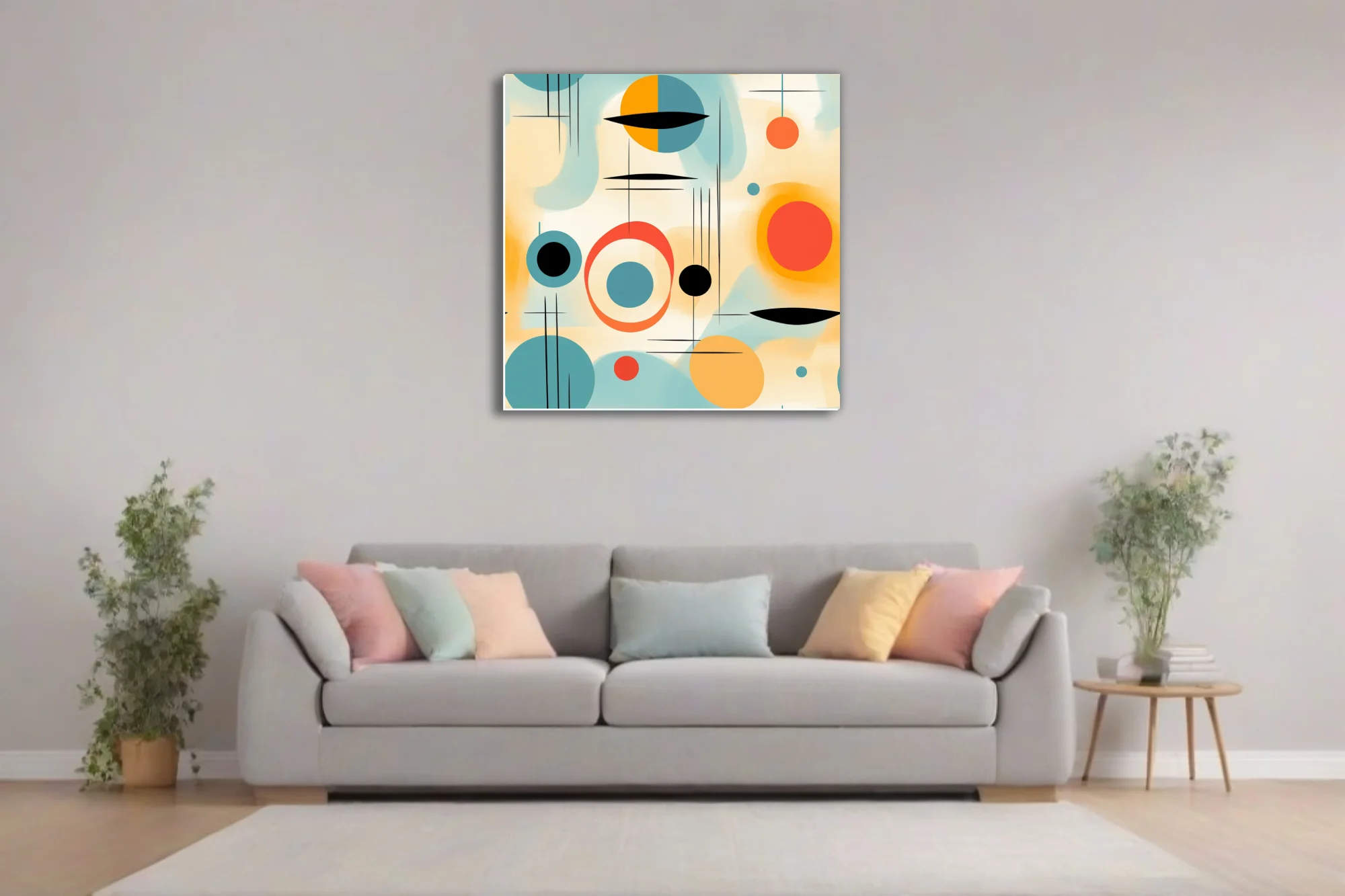 Mid-century modern abstract geometric art in teal, coral, amber and black
