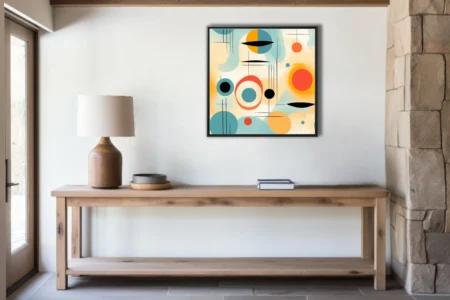 Mid-century modern abstract geometric art in teal, coral, amber and black