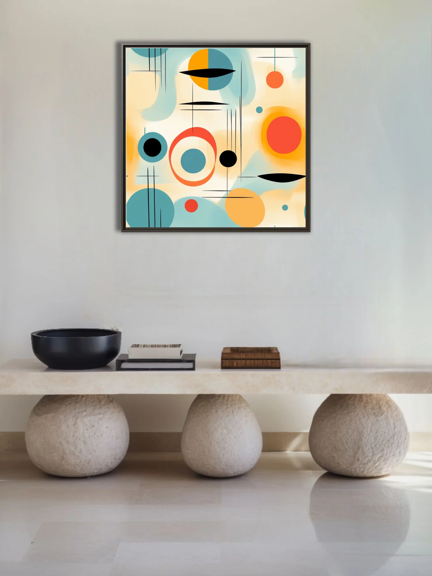 Mid-century modern abstract geometric art in teal, coral, amber and black