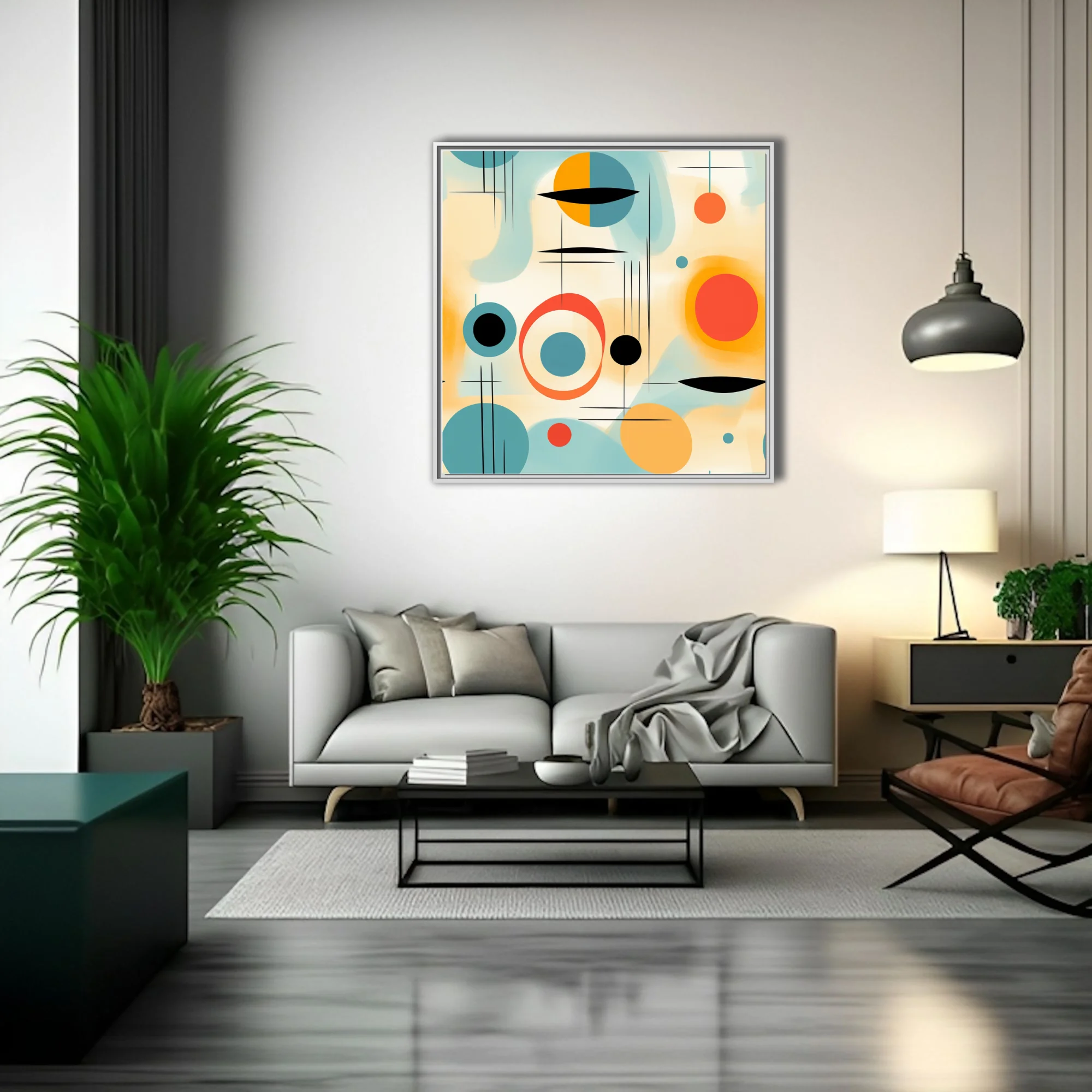 Mid-century modern abstract geometric art in teal, coral, amber and black