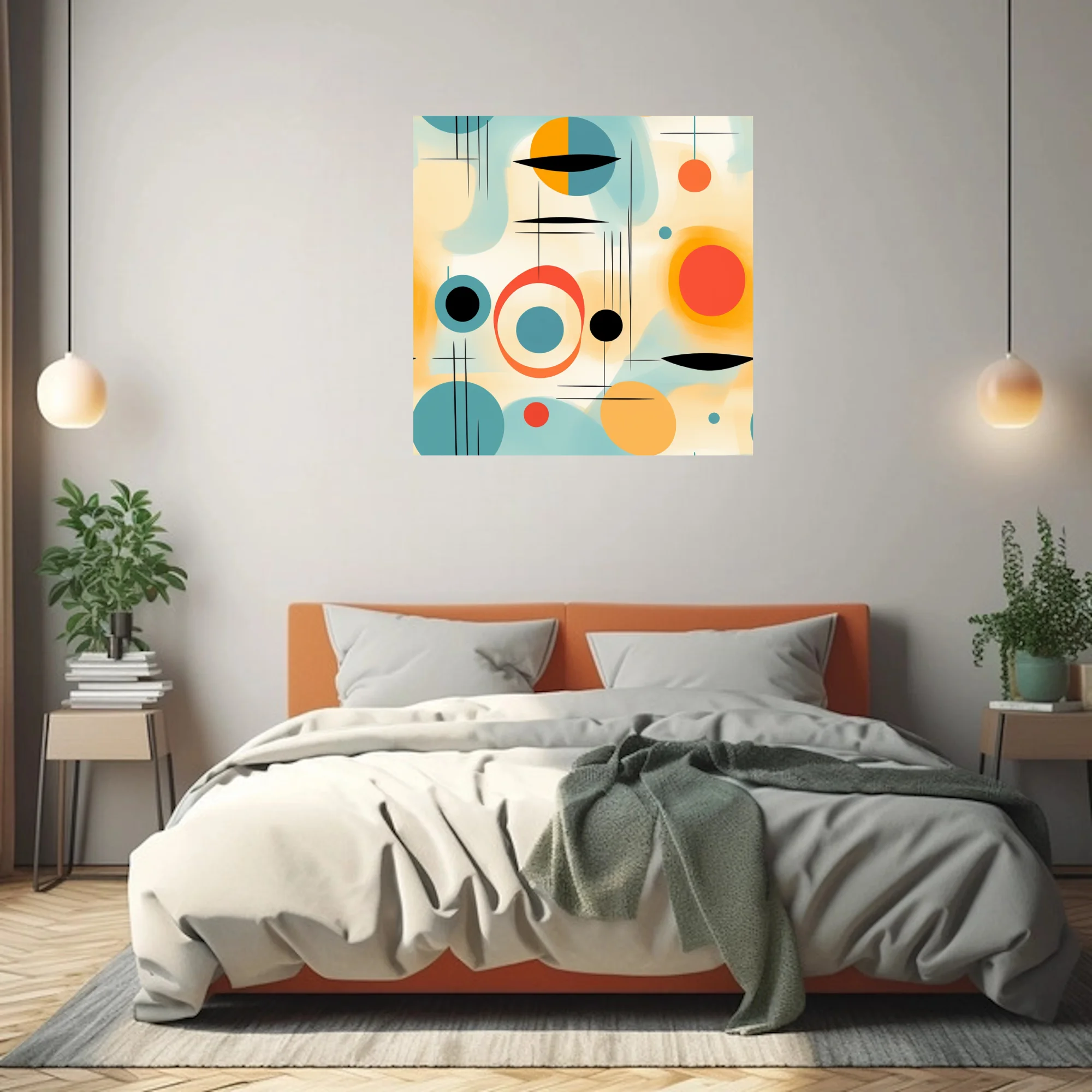 Mid-century modern abstract geometric art in teal, coral, amber and black