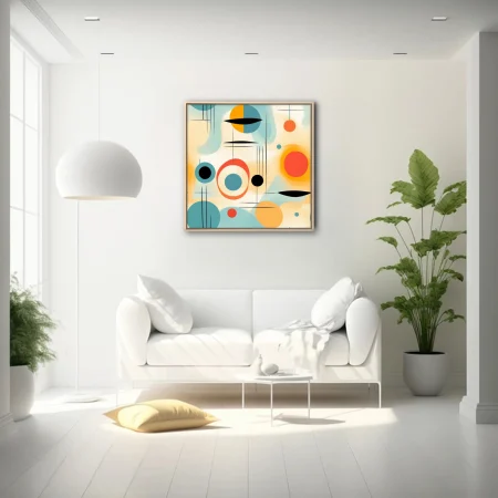 Mid-century modern abstract geometric art in teal, coral, amber and black