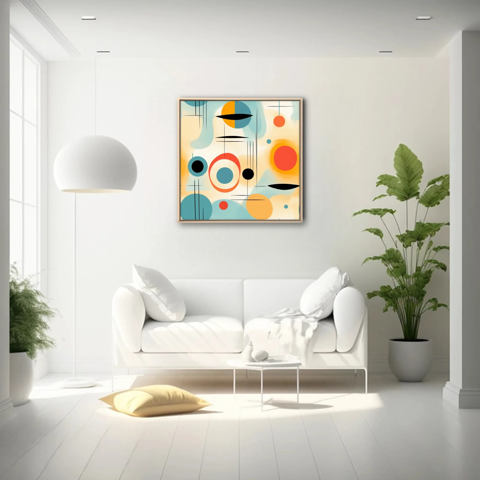 Mid-century modern abstract geometric art in teal, coral, amber and black