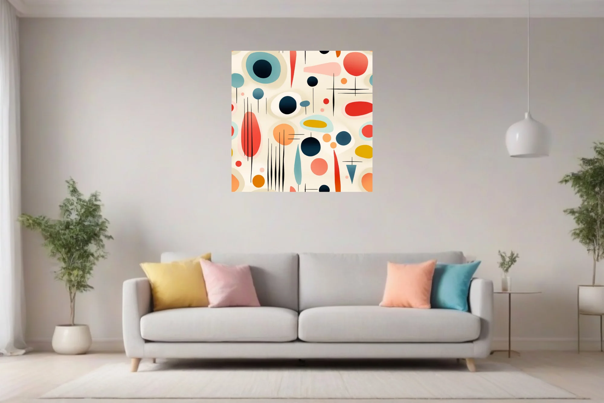 Mid-century modern abstract shapes in coral, teal, navy and mustard on cream