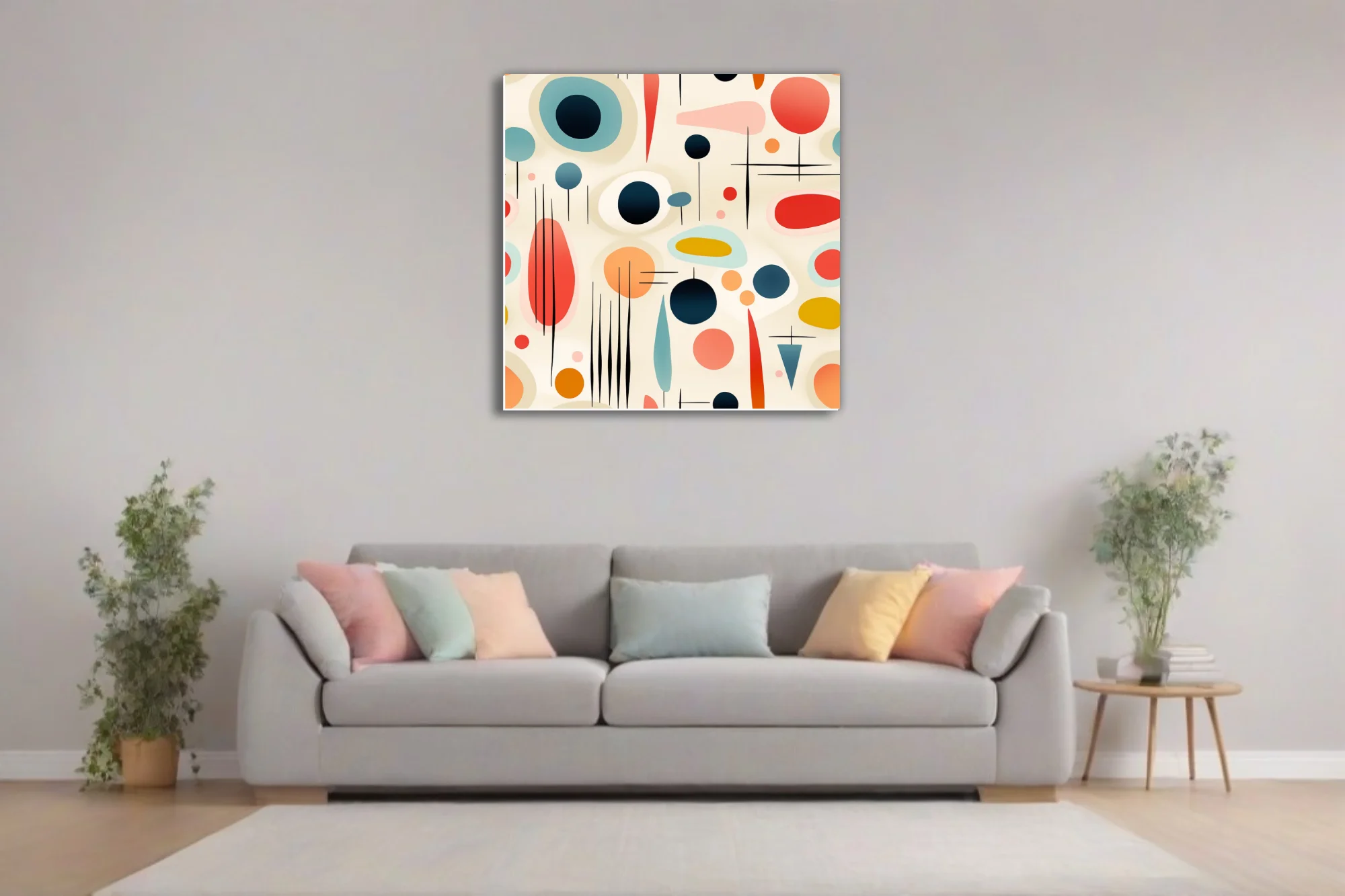 Mid-century modern abstract shapes in coral, teal, navy and mustard on cream
