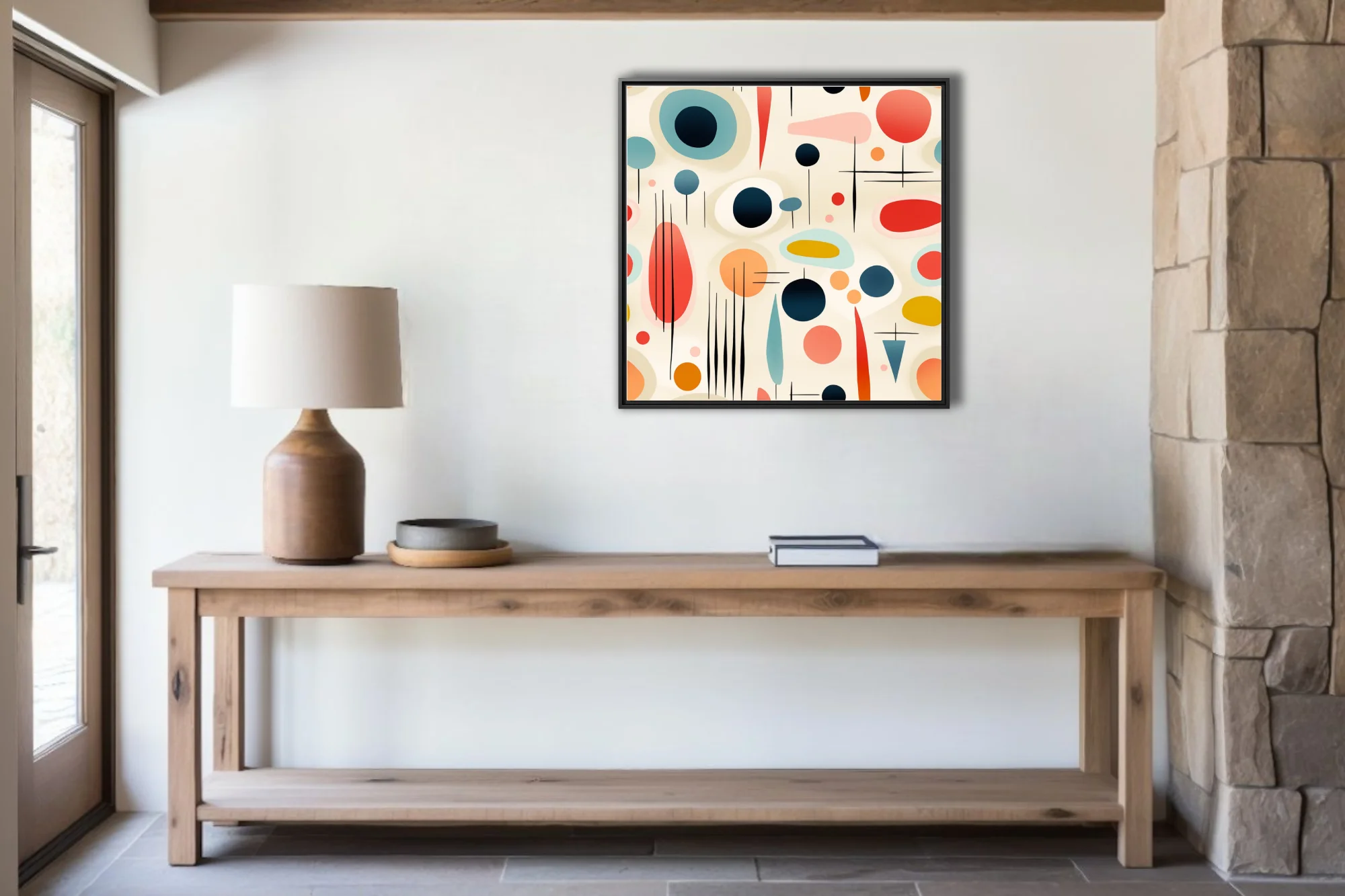 Mid-century modern abstract shapes in coral, teal, navy and mustard on cream