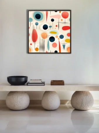 Mid-century modern abstract shapes in coral, teal, navy and mustard on cream