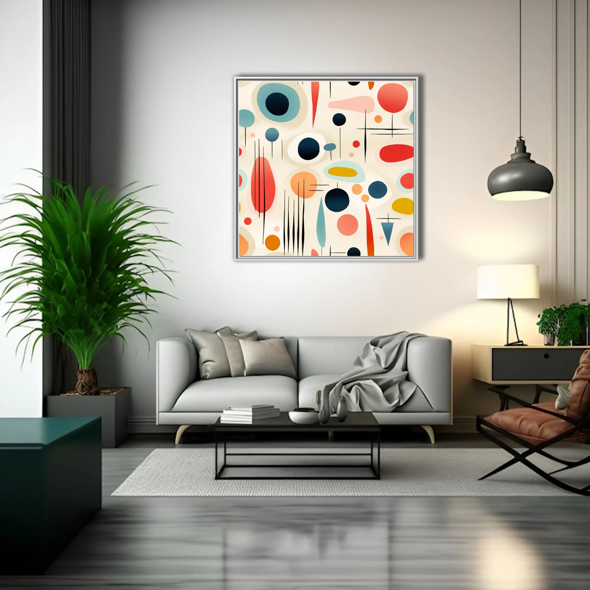 Mid-century modern abstract shapes in coral, teal, navy and mustard on cream