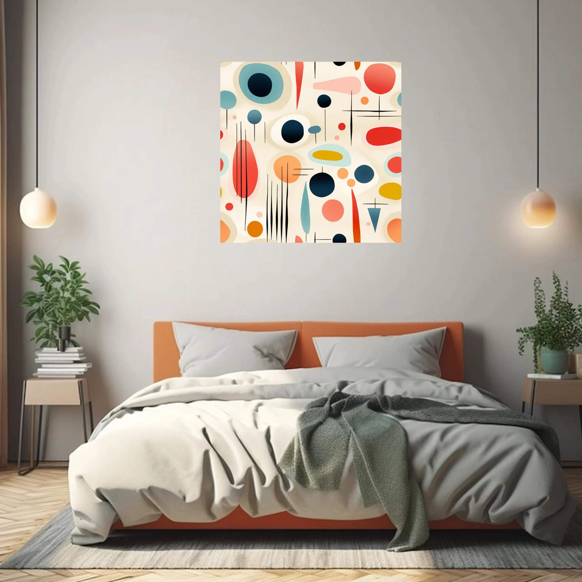 Mid-century modern abstract shapes in coral, teal, navy and mustard on cream