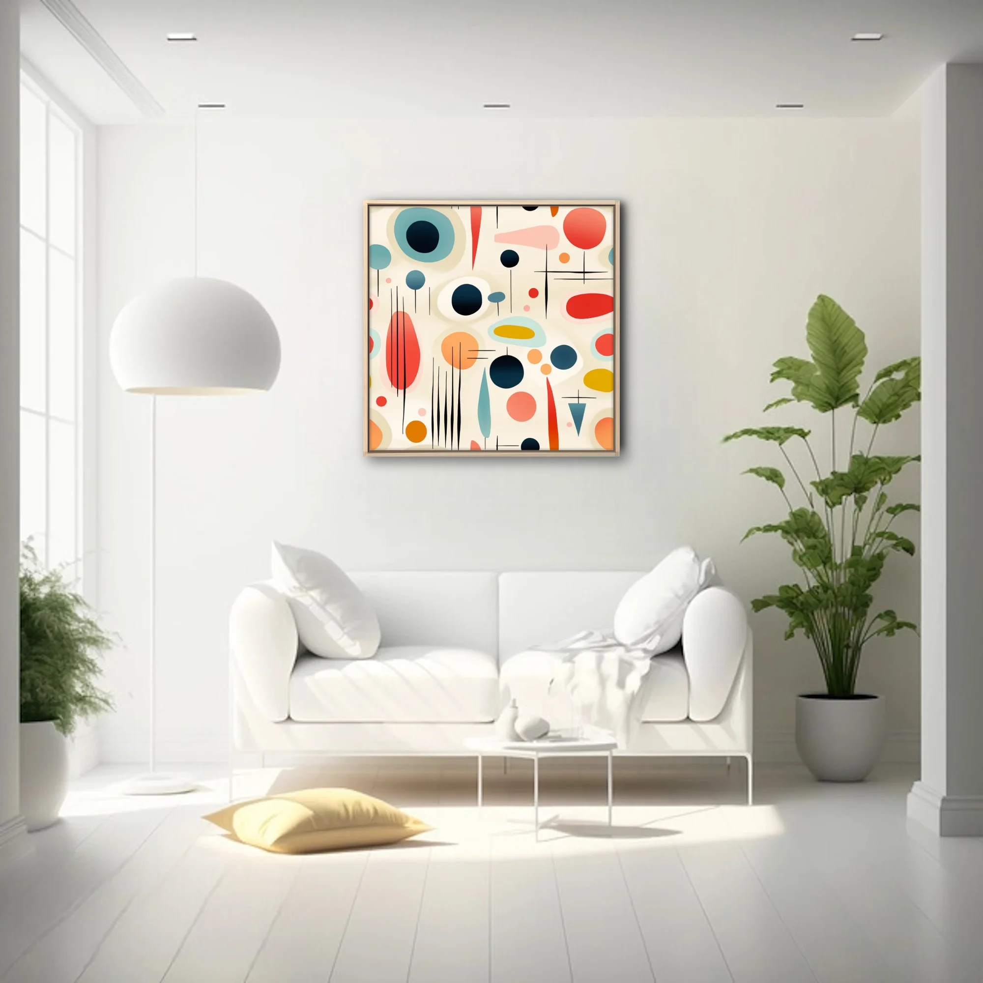 Mid-century modern abstract shapes in coral, teal, navy and mustard on cream