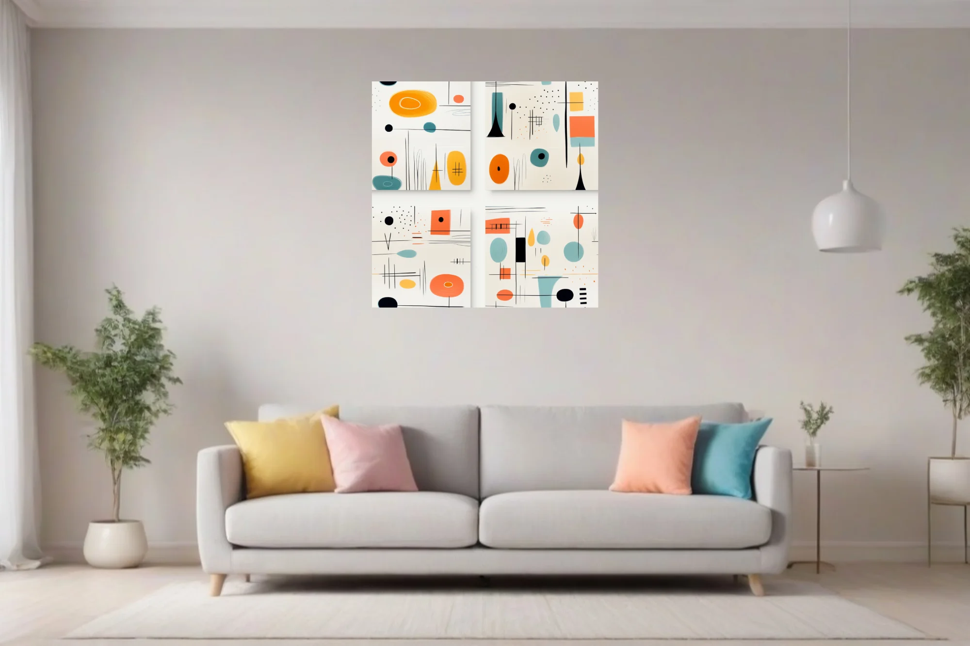 Mid-century modern abstract art with coral, teal, and amber shapes on cream