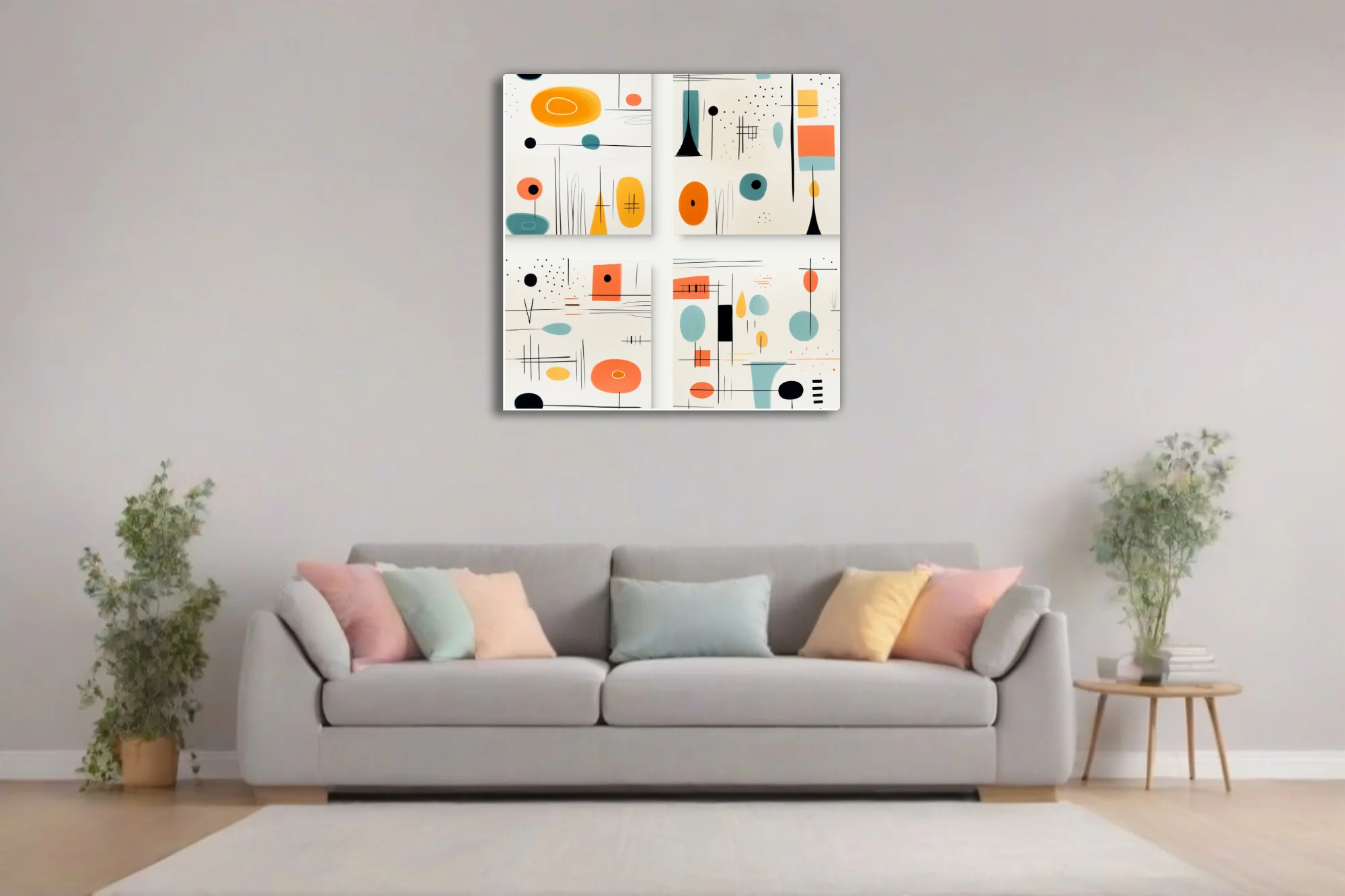 Mid-century modern abstract art with coral, teal, and amber shapes on cream