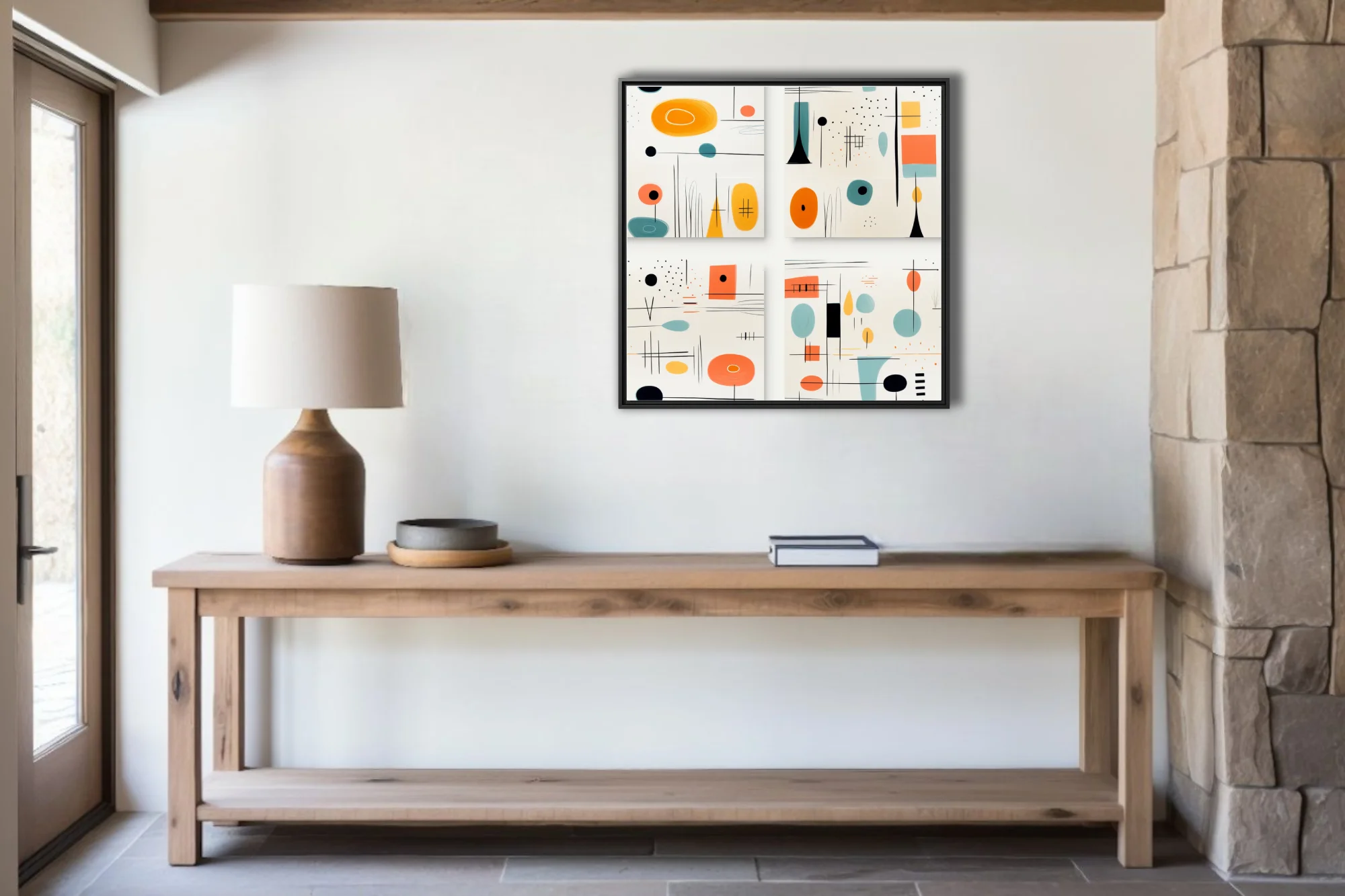 Mid-century modern abstract art with coral, teal, and amber shapes on cream