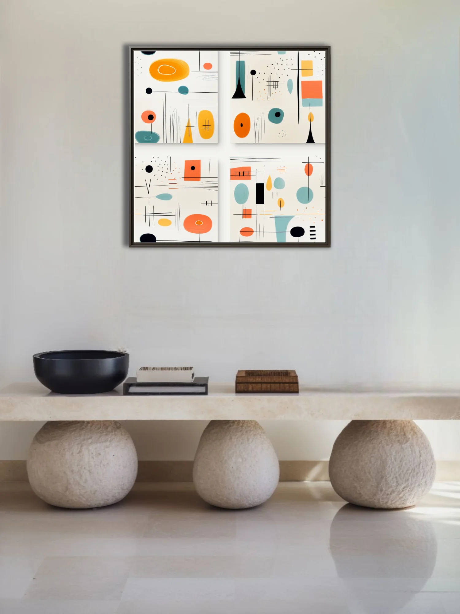 Mid-century modern abstract art with coral, teal, and amber shapes on cream